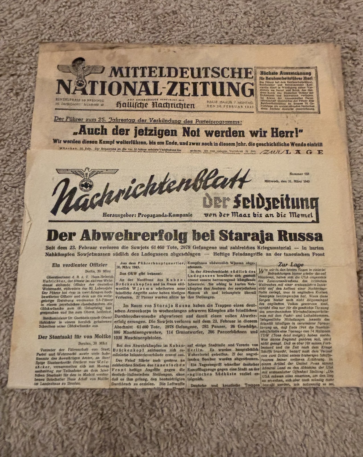 WW2 Period German Newspapers February 26, 1945 and March 31, 1943