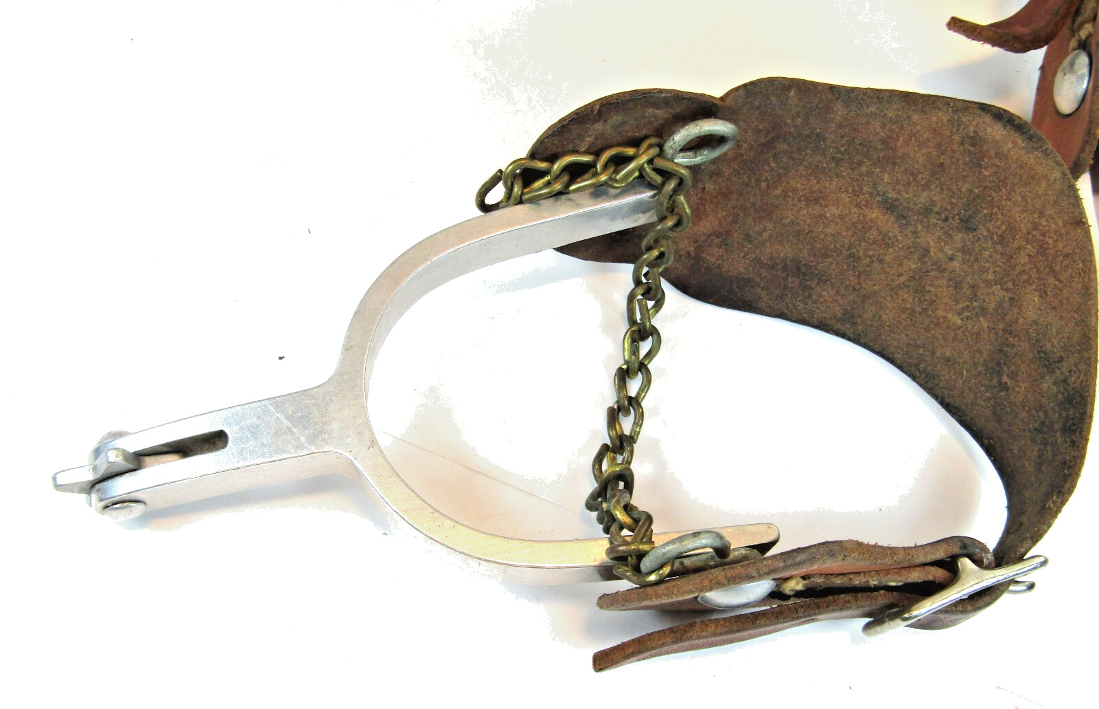 PAIR OF UNMARKED ENGRAVED ALUMINUM AIRPLANE METAL RIDING SPURS W/ STRAPS