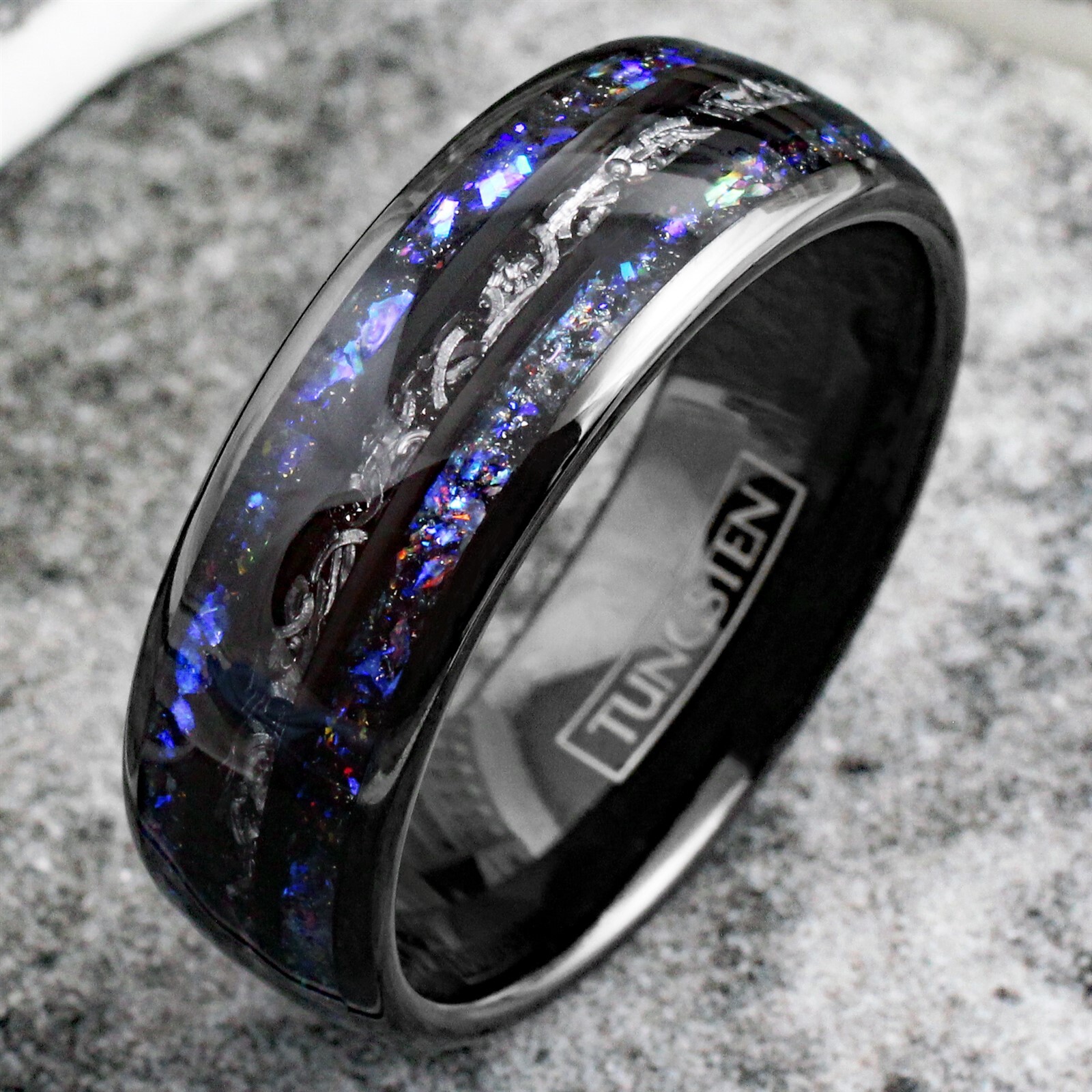 Black Tungsten Carbide Ring Blue Sandstone & Meteorite Space Galaxy Wedding Band