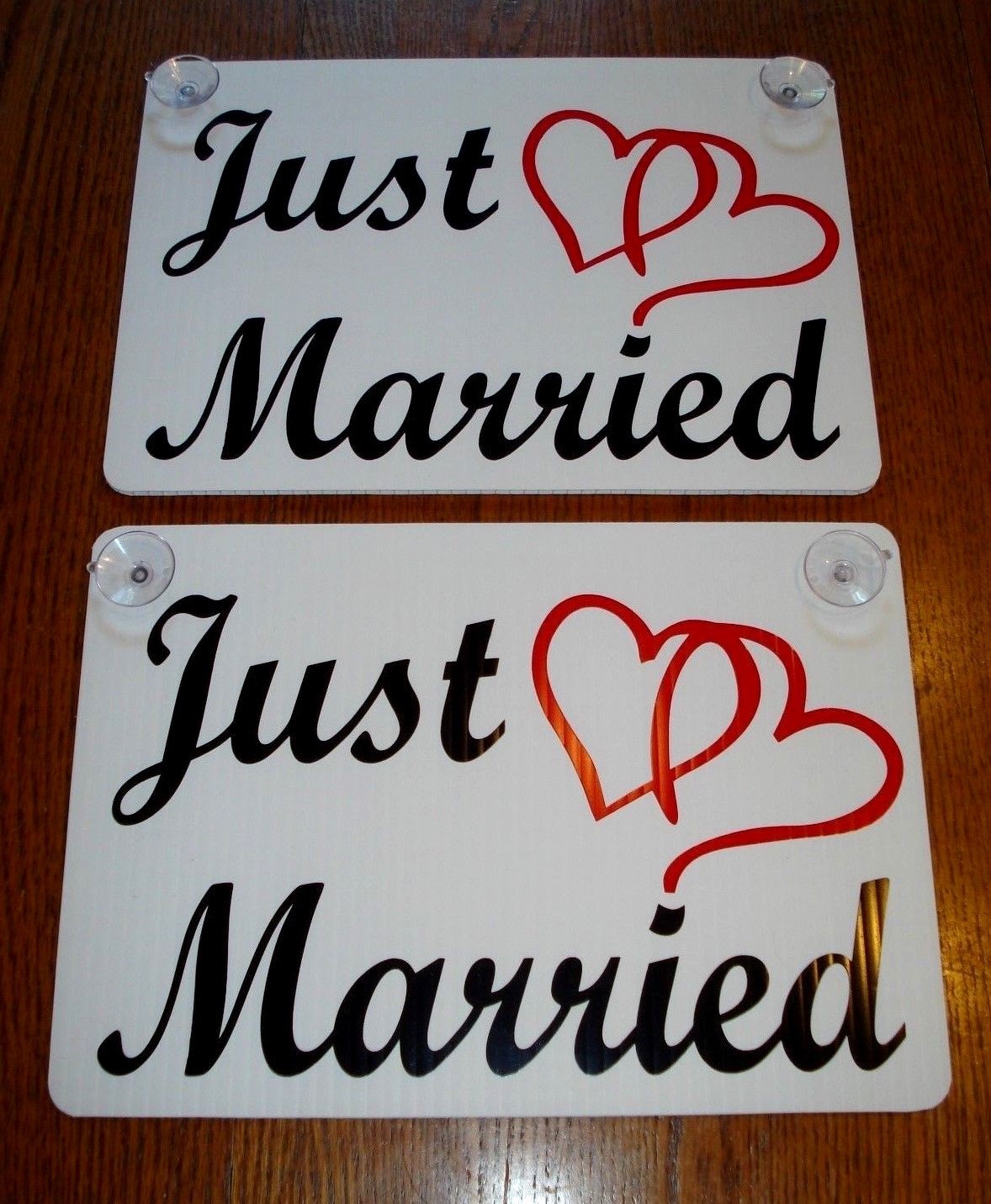 (2) JUST MARRIED CAR WINDOW SIGNS 8"X12" WITH SUCTION CUPS w/Hearts Wedding