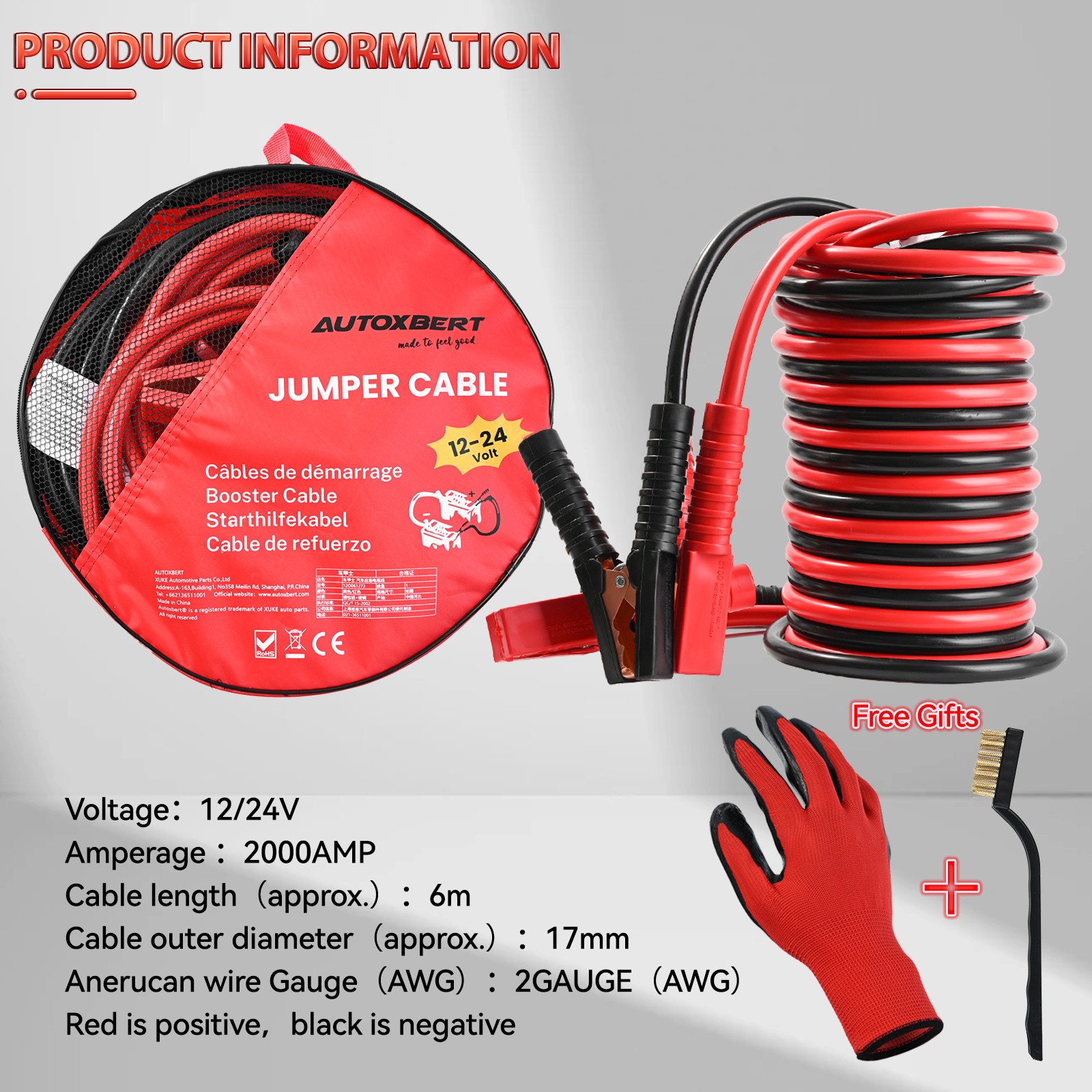 HEAVY DUTY 20FT BATTERY 2 GAUGE BOOSTER CABLE EMERGENCY POWER JUMPER 2000 AMP