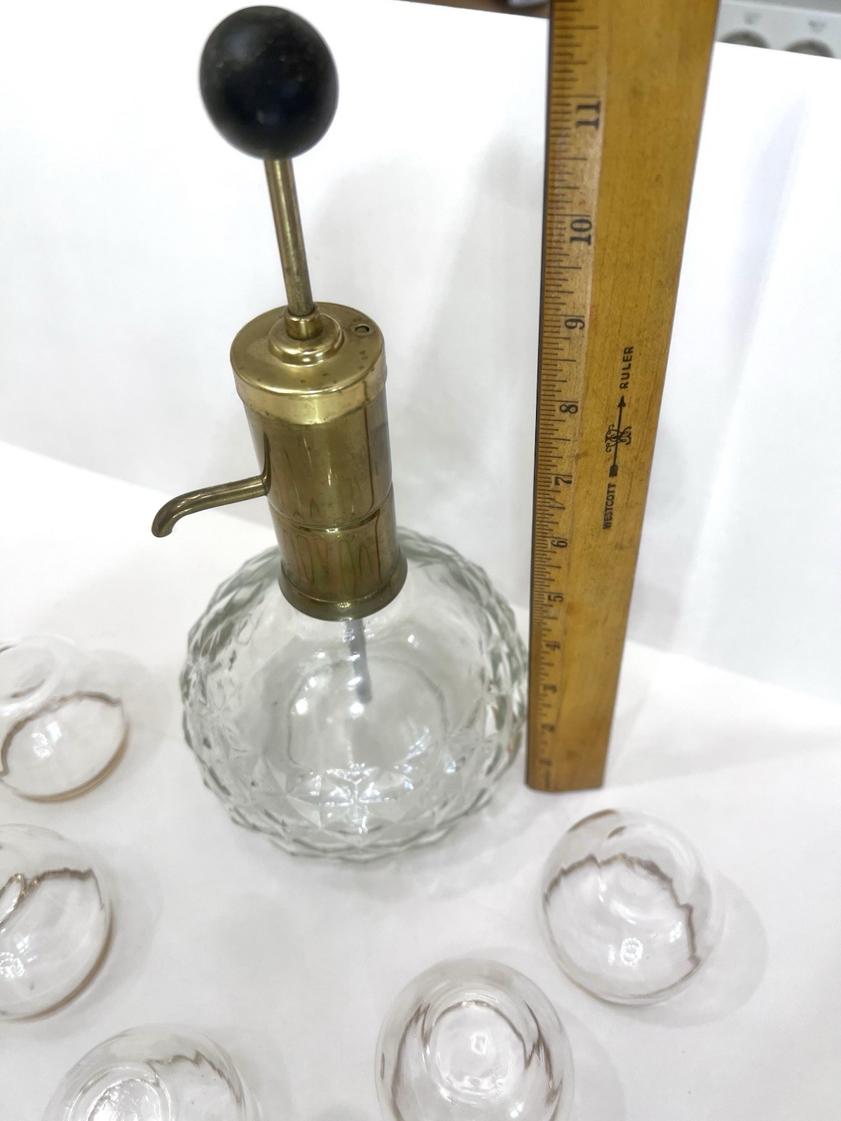 Vintage Park Sherman Liquor Dispenser Set with Brass Pump and 6 Gold Rim Glasses
