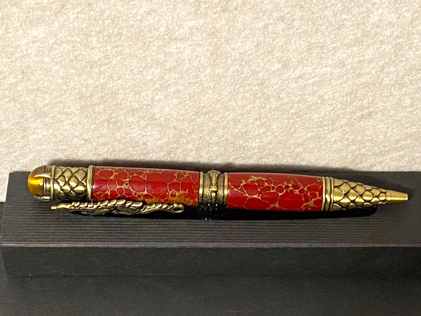 Red Jasper Crouching Dragon Armored Scales Twist Ballpoint Pen Tigers Eye