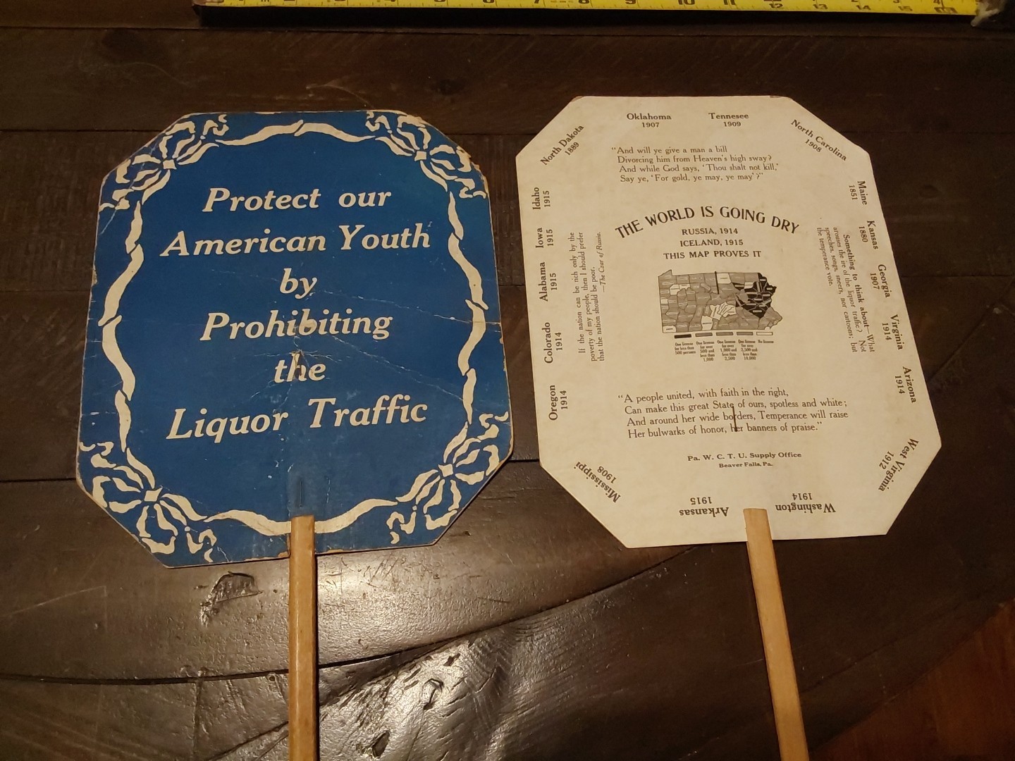 1916 2 Hand Fans WCTU Prohibition Anti Liquor "The World Is Going Dry"