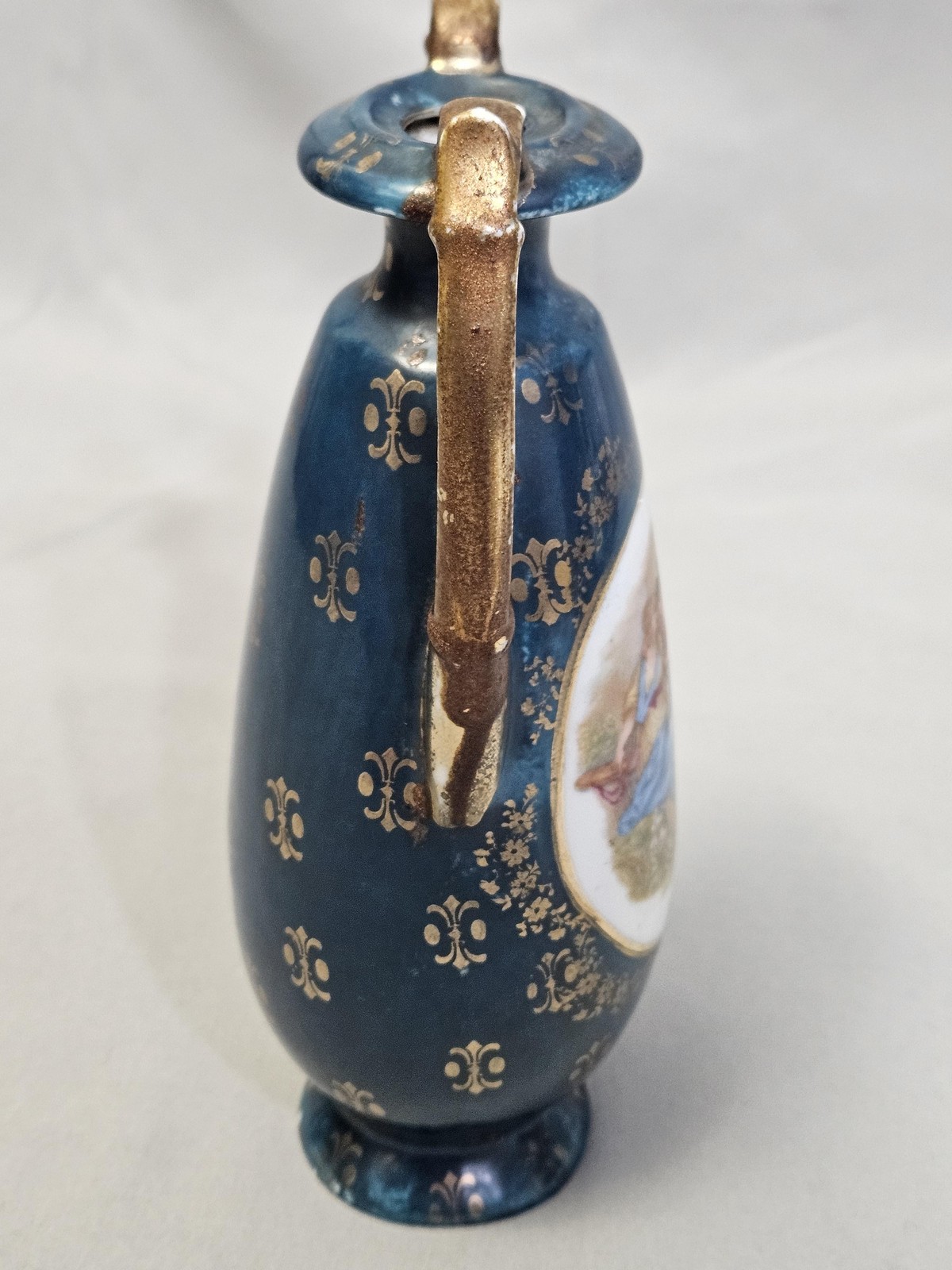 Vintage Victoria Austria Porcelain Vase Romantic Couple Blue Gold Art Nouveau