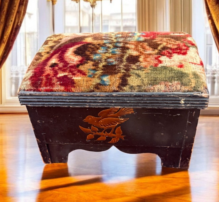 Vintage Floral Tapestry Footstool Wood Base Ottoman Inlaid bird eagle