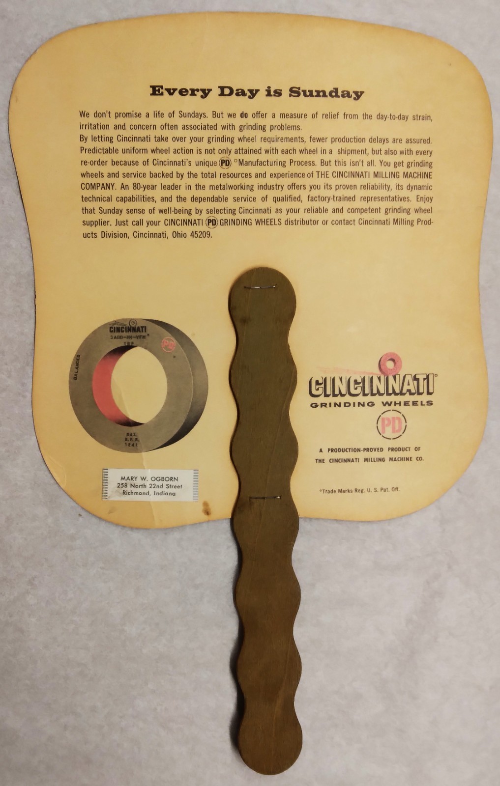 Cincinnati Grinding Wheels c1975 Hand Held Ad Fan Used