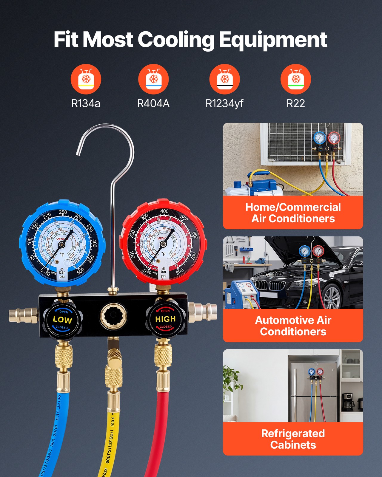 VEVOR AC Manifold Gauge Set 3-Way R134a R404A R1234yf R22 Refrigeration Charging