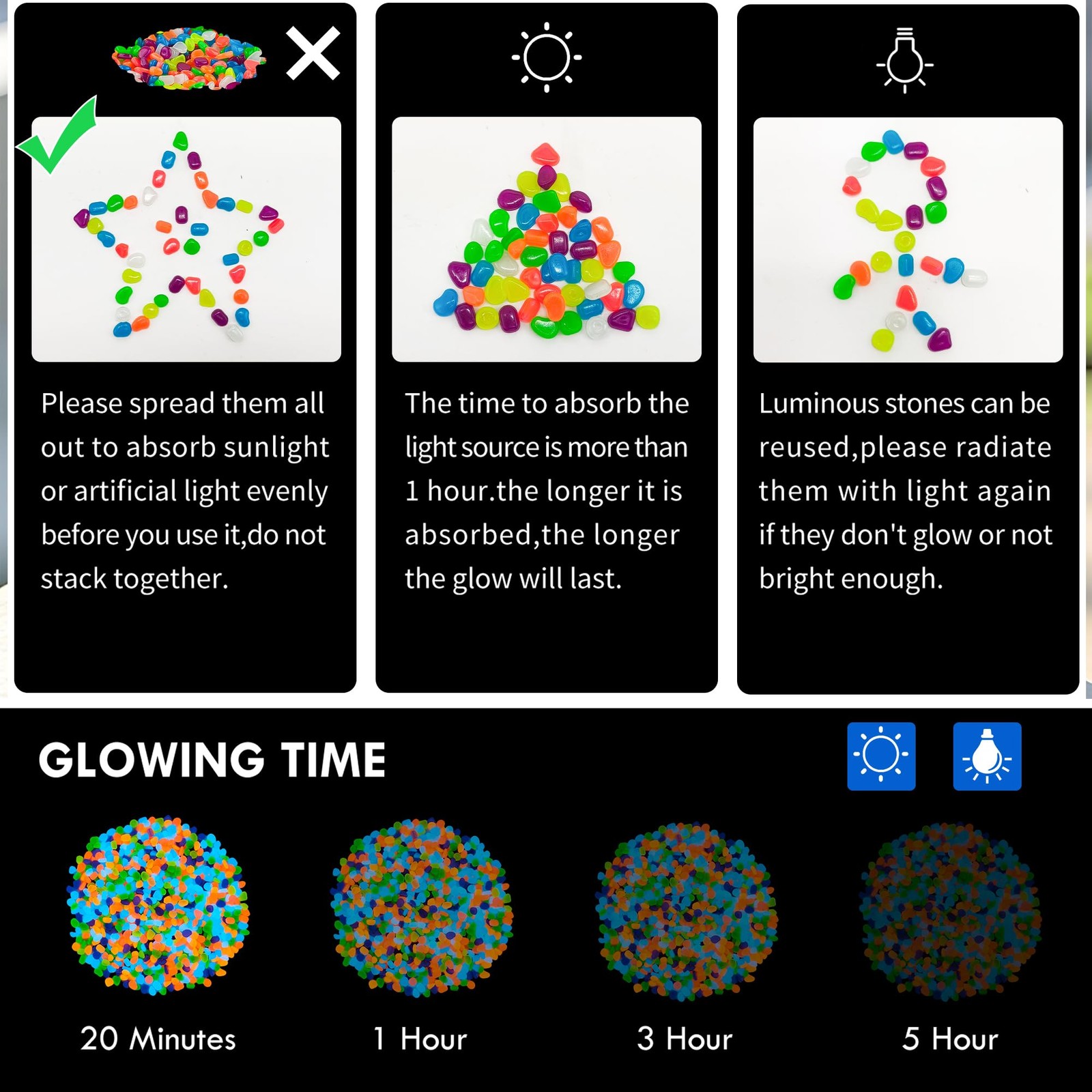 1000pc Glow in The Dark Stones Glow Pebbles for Outdoor Garden Luminous Pebbl...