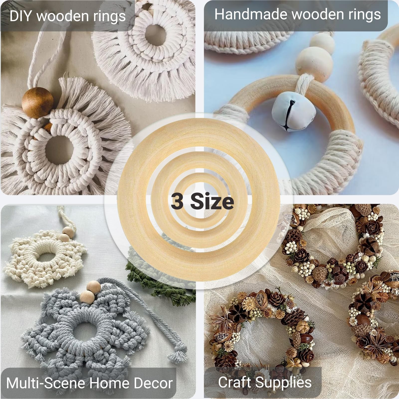 33pcs Wooden Rings for Crafts 3 Sizes Natural Wood Hoops for Macrame DIY Decor