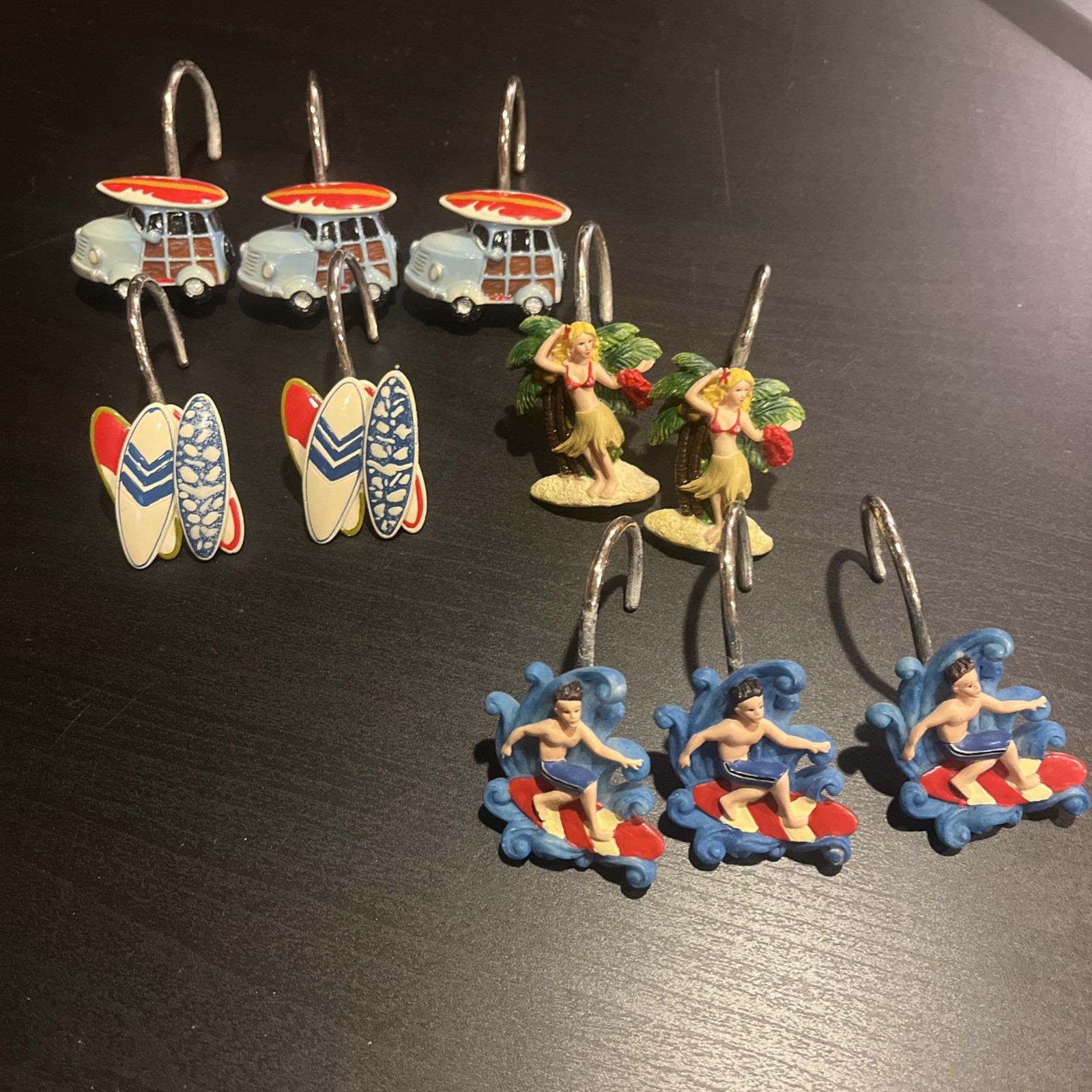 Vintage Set of 10 Shower Curtain Hooks Rings Metal Resin Palm Hawaii Beach Surf