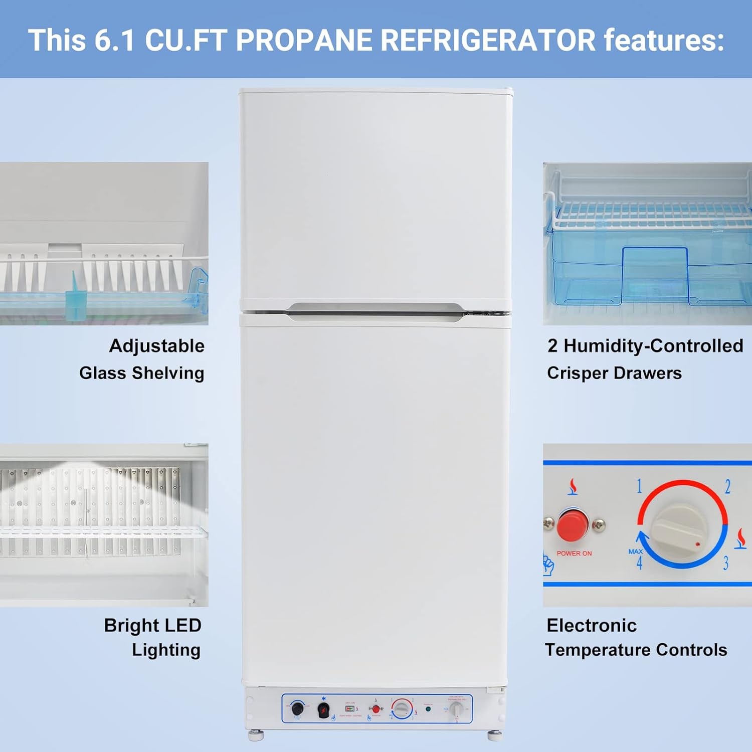 6.5 cu ft 2-Way Propane Gas Refrigerator Freezer RV Off-grid Cabin Camper White