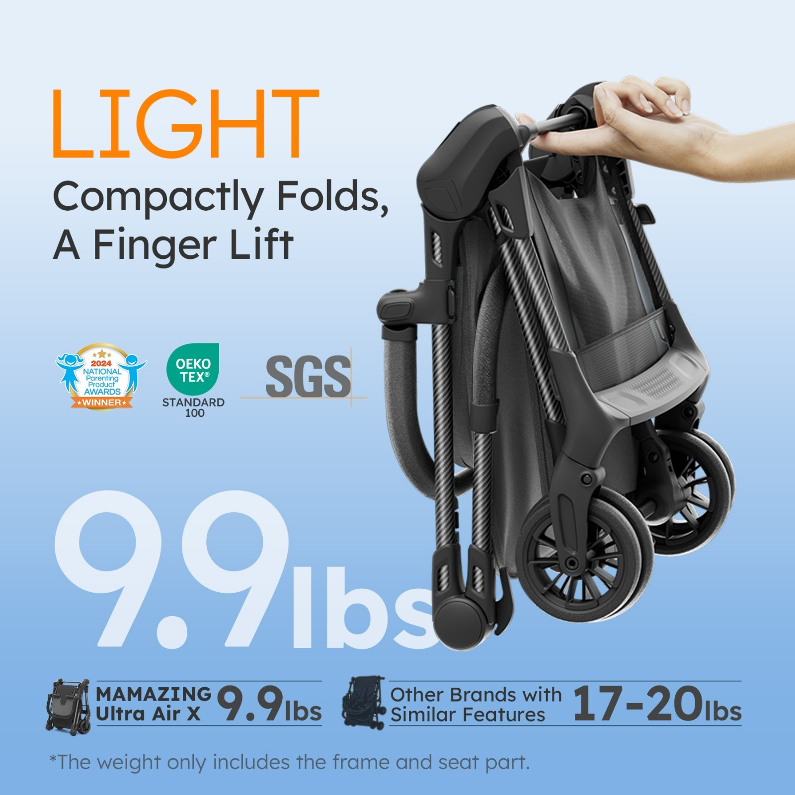 MAMAZING Ultra Air X Carbon Fiber Baby Stroller 9.9 lbs, Compact Travel-Friendly