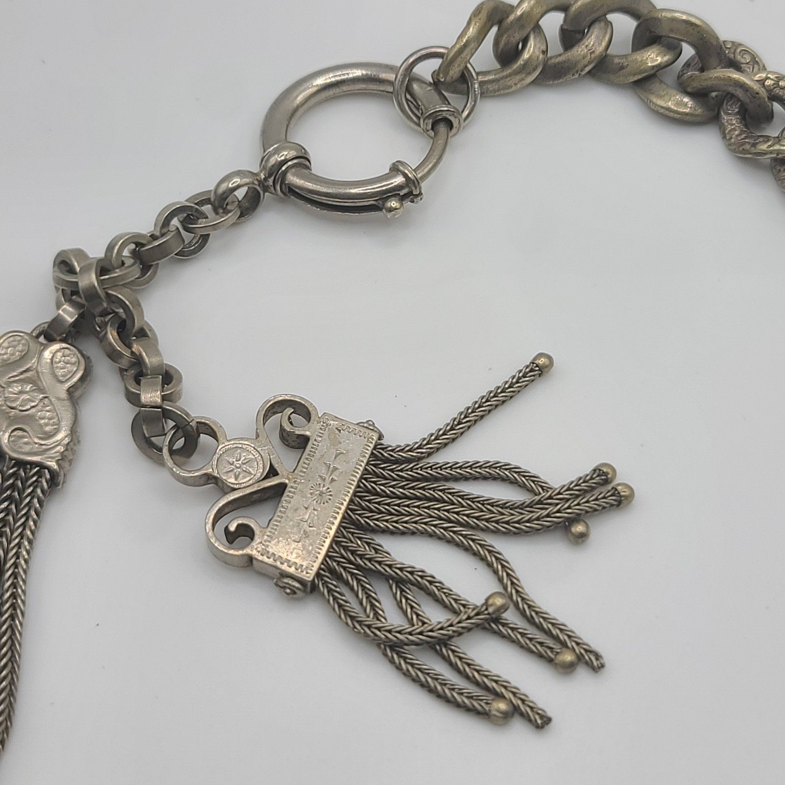 Vintage Slider Watch Chain Fob Gold Stone Fringe Silver Tone HEAVY NICE