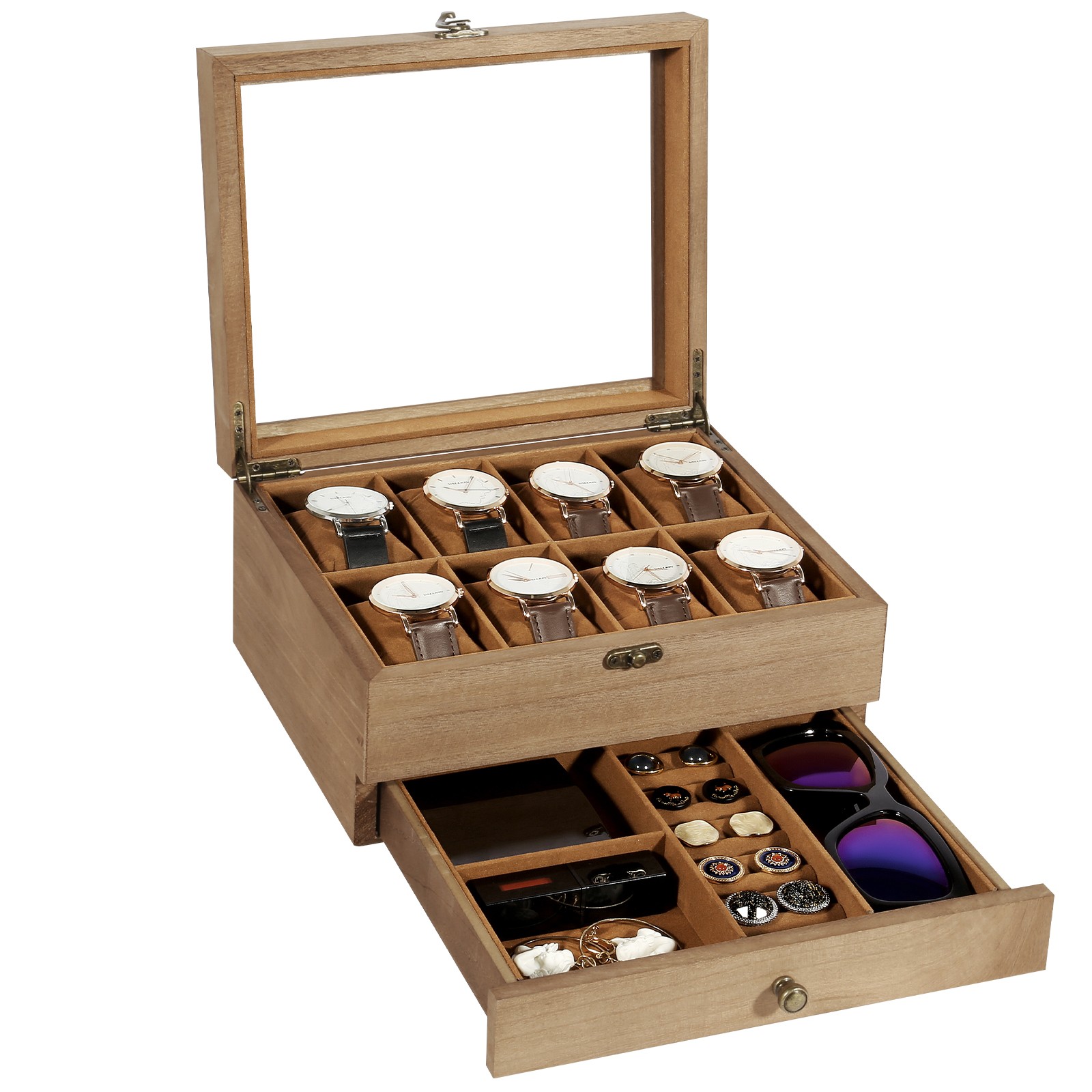 8-10-12 Slot Watch Box Solid Wood Watch Display Case with Glass Lid Watch Holder