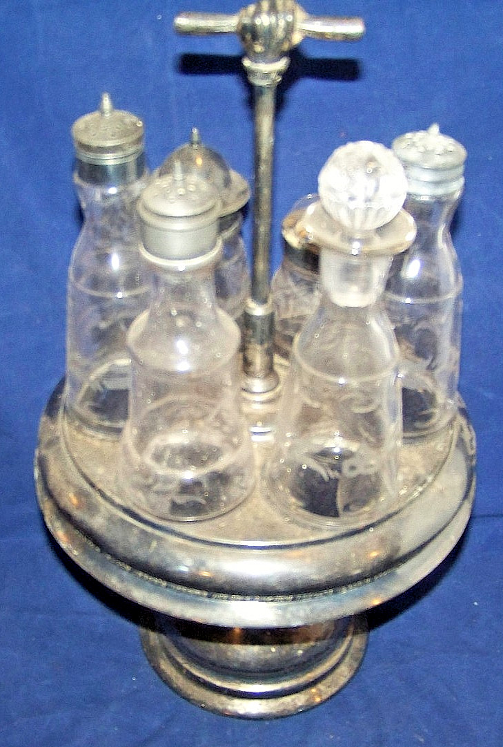 Antique Glass Cruet Condiment COMPLETE Set With Six Bottles