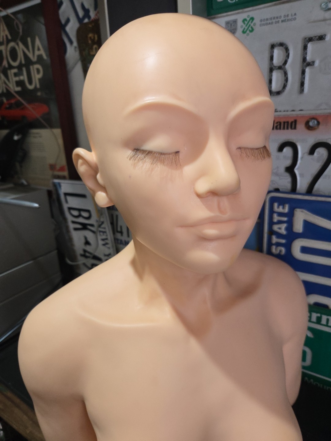 Pivot Point Mannequin Head Bald w Eyelashes Massage and Facial Practice Tool