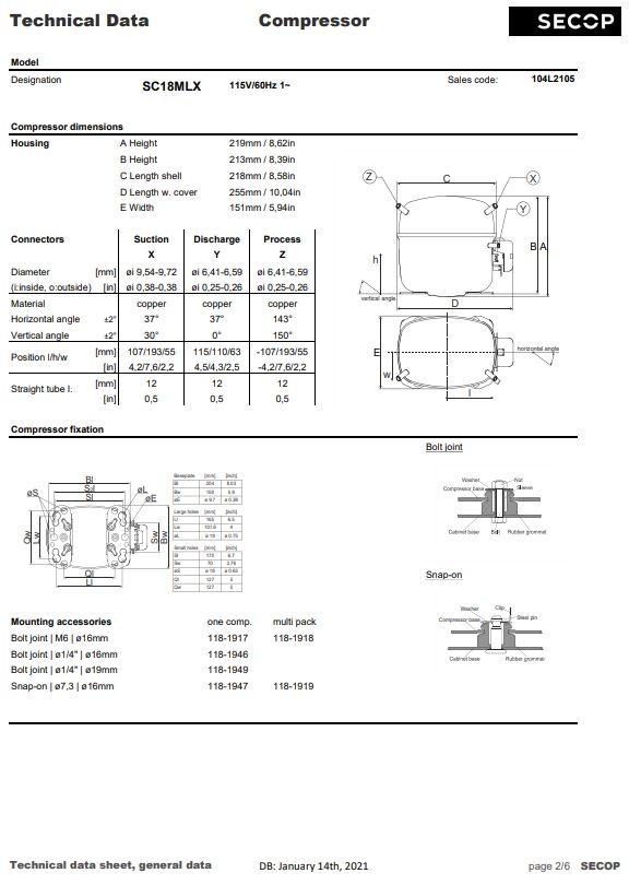 Secop SC18MLX R404a Hermetic Refrigeration Compressor 10880 BTU HBP 115V 1HP