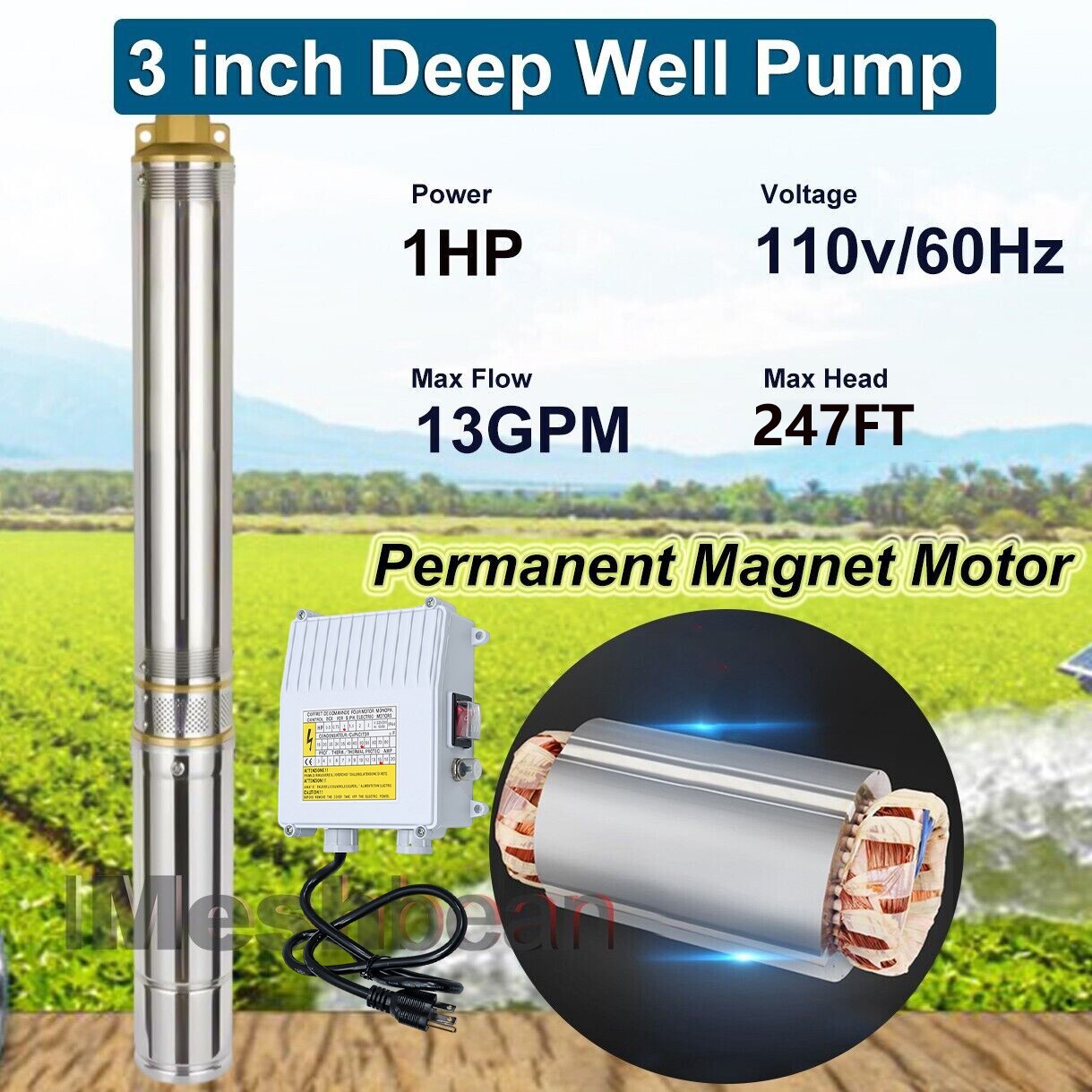 1HP 3" Deep Well Submersible Pump 110V 1.25''NPT 13GPM 247 ft Max w/Control Box
