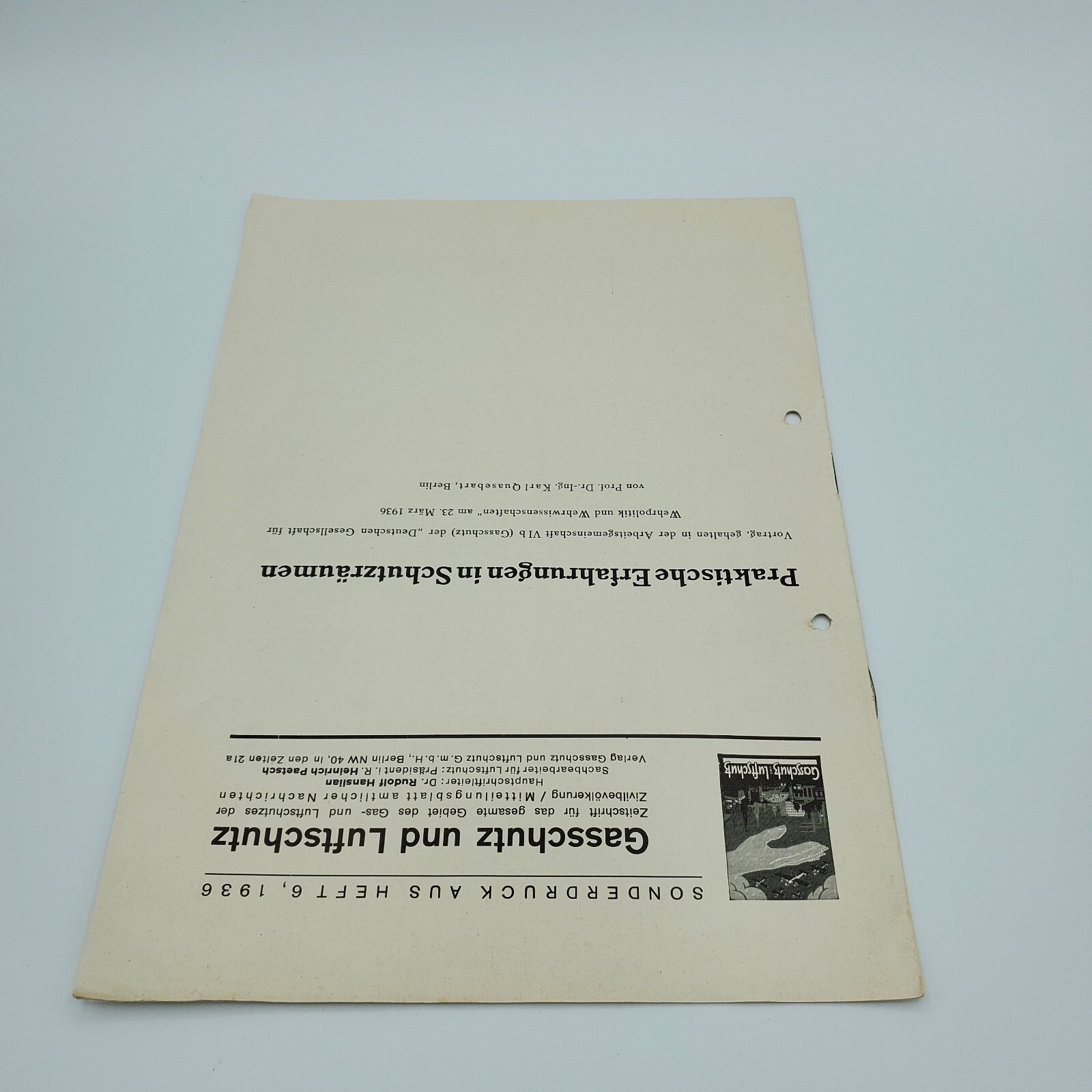 1936 German Luftschutz Gasschutz Air Raid Shelter Sonderdruck Quasebart WW2 Gas