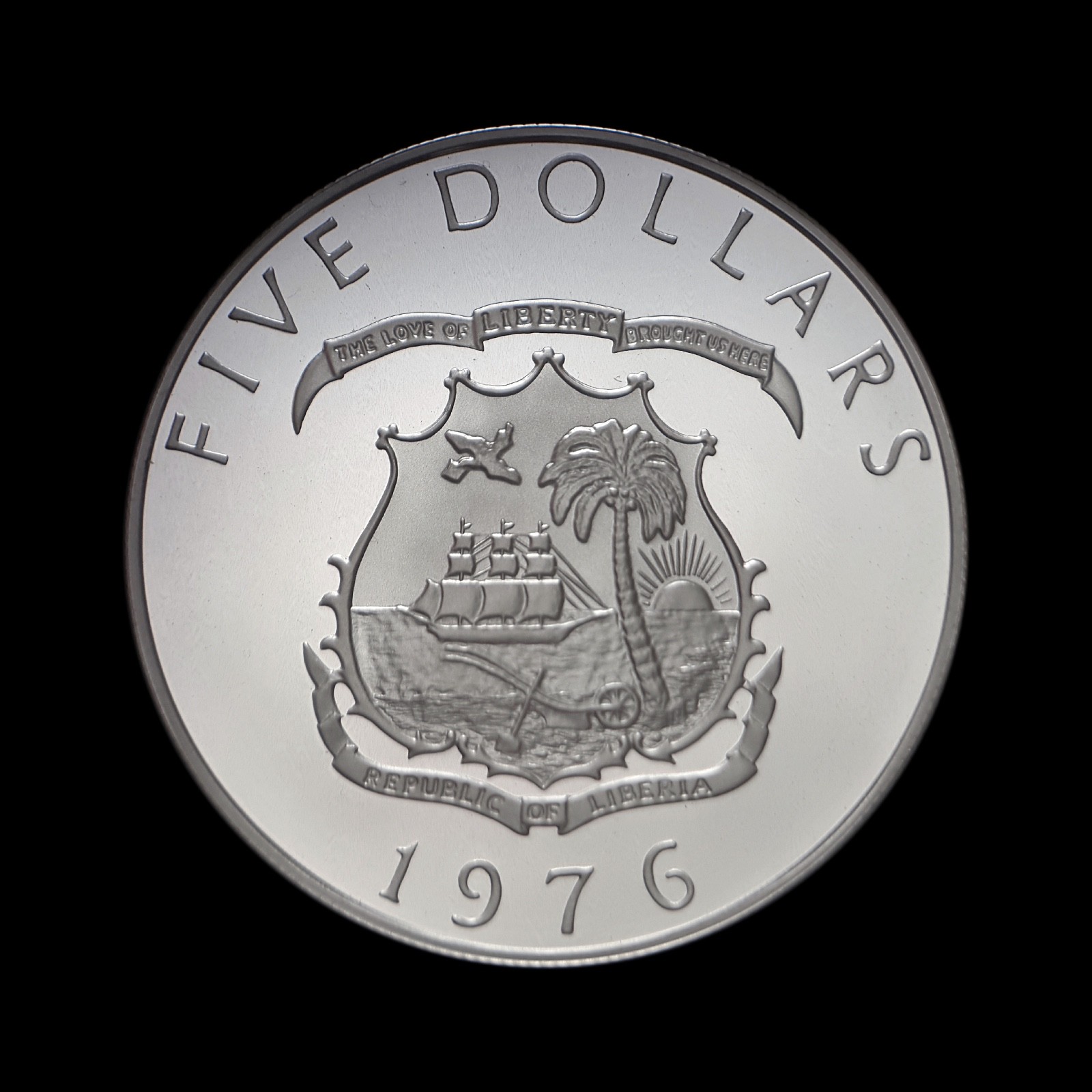 LIBERIA. 1976, 5 Dollars, Silver - Elephant, Map Stars, Royal Mint Proof RARE 1