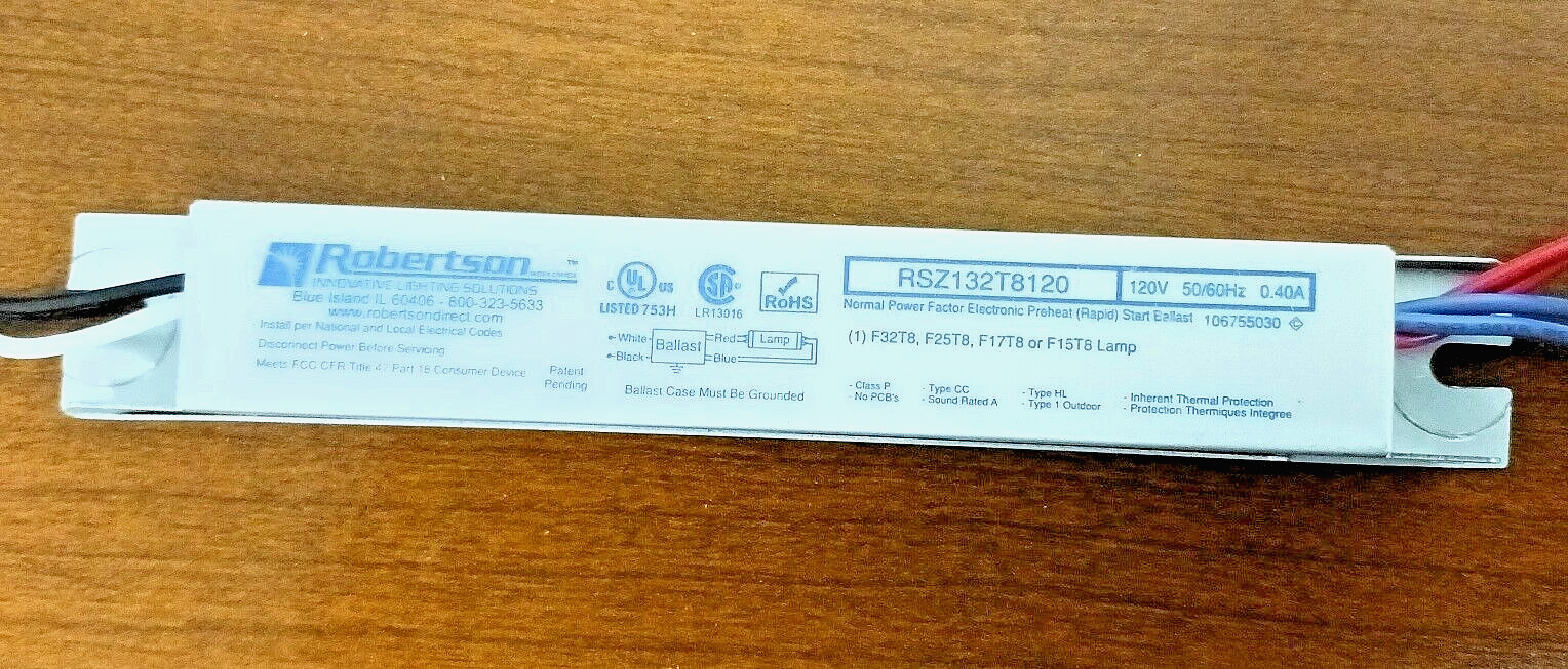 Robertson RSZ132T8120 Electronic Ballast, 120V, 50/60Hz, 0.40A UL/CSA [73-515]