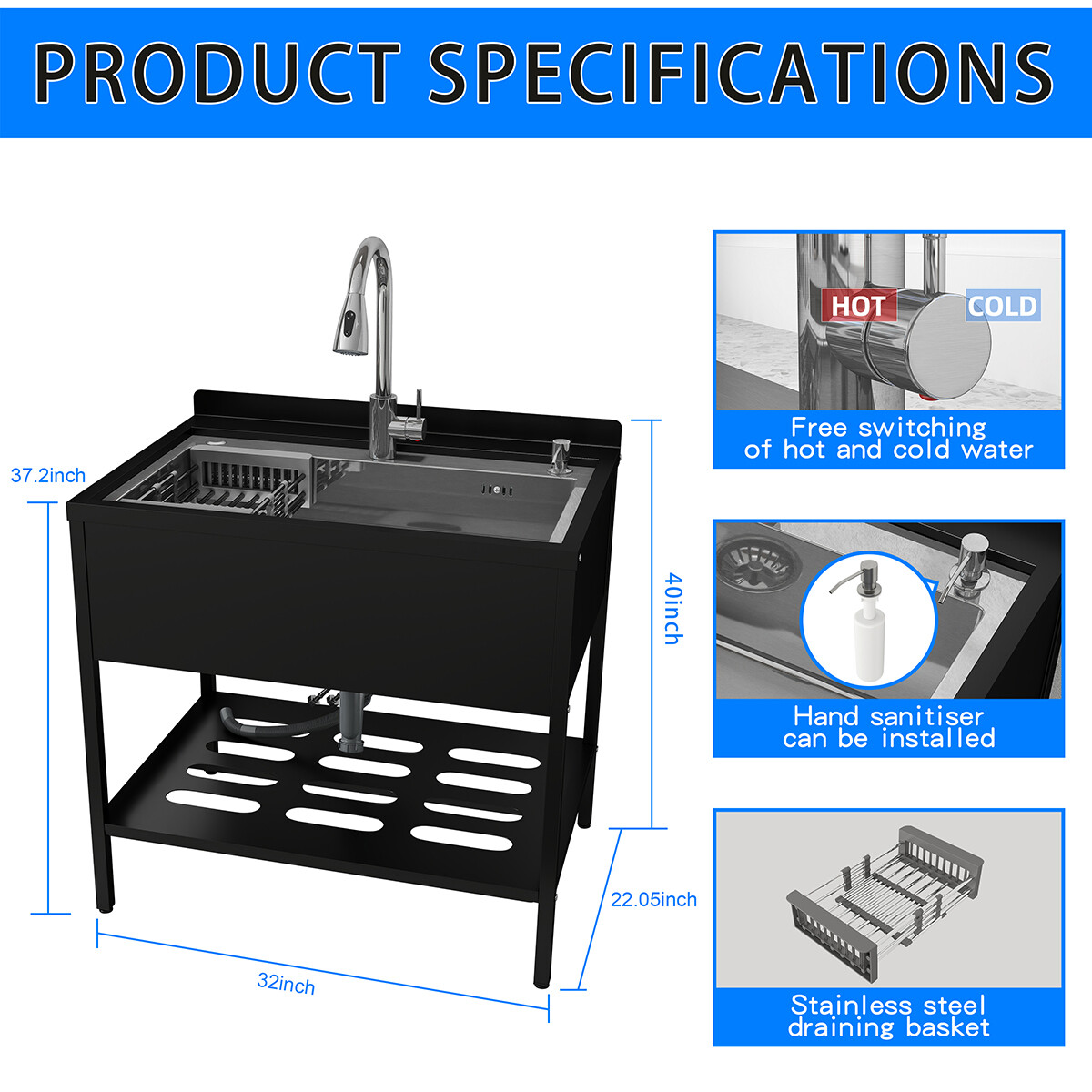 Stainless Steel Kitchen Sink Single Bowl w/ Faucet Shelf Bathroom Utility Sinks