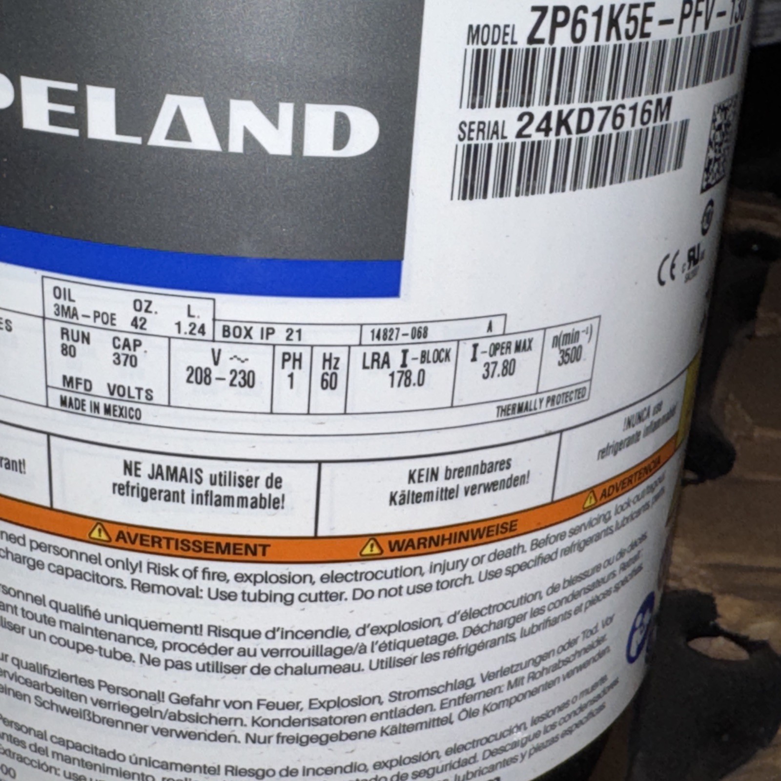 Copeland ZP61K5E-PFV-130 5 Ton A/C Scroll Compressor 230 Volt 1PH