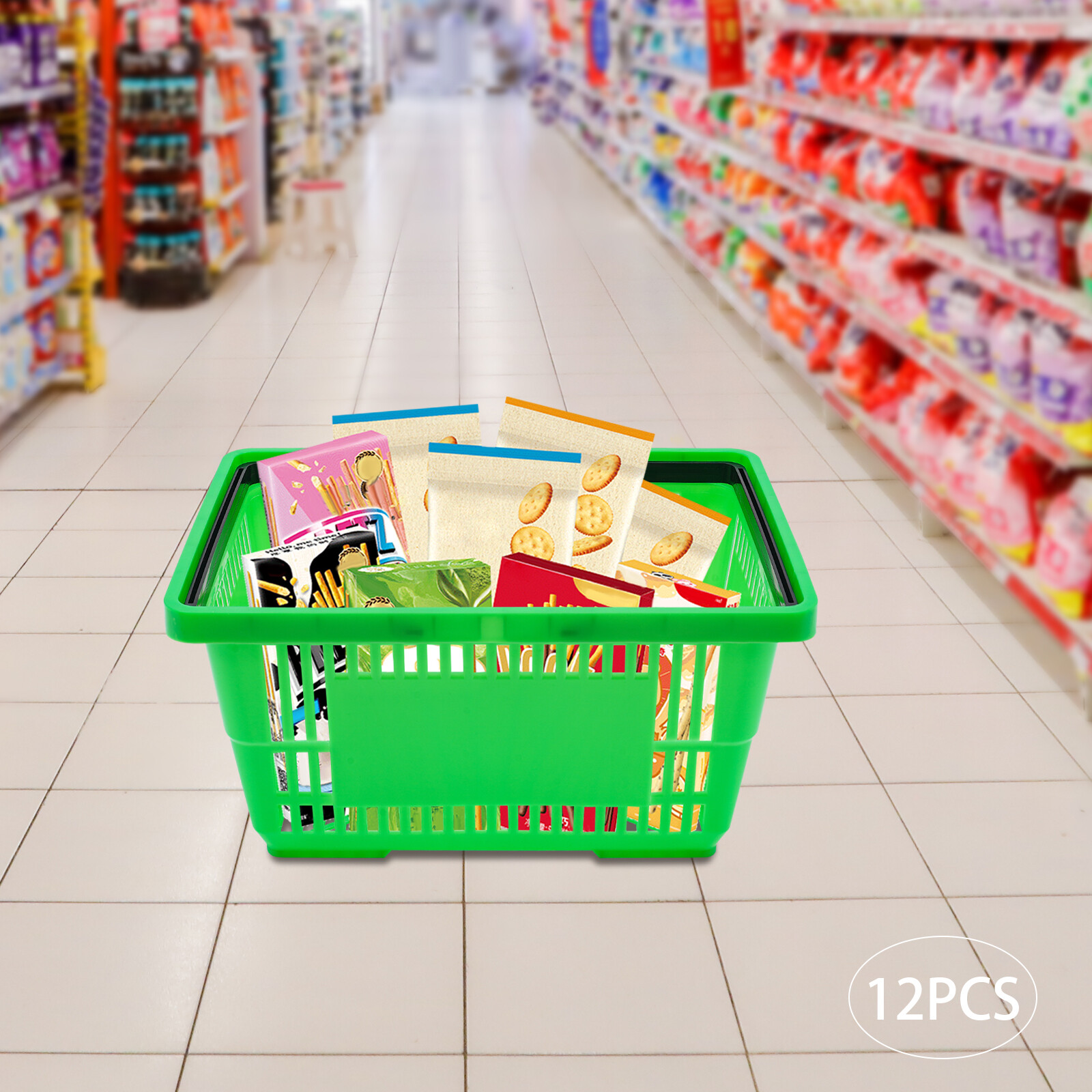 12PCS 28L Mesh Shopping Baskets with Handles Plastic Shopping Basket Portable