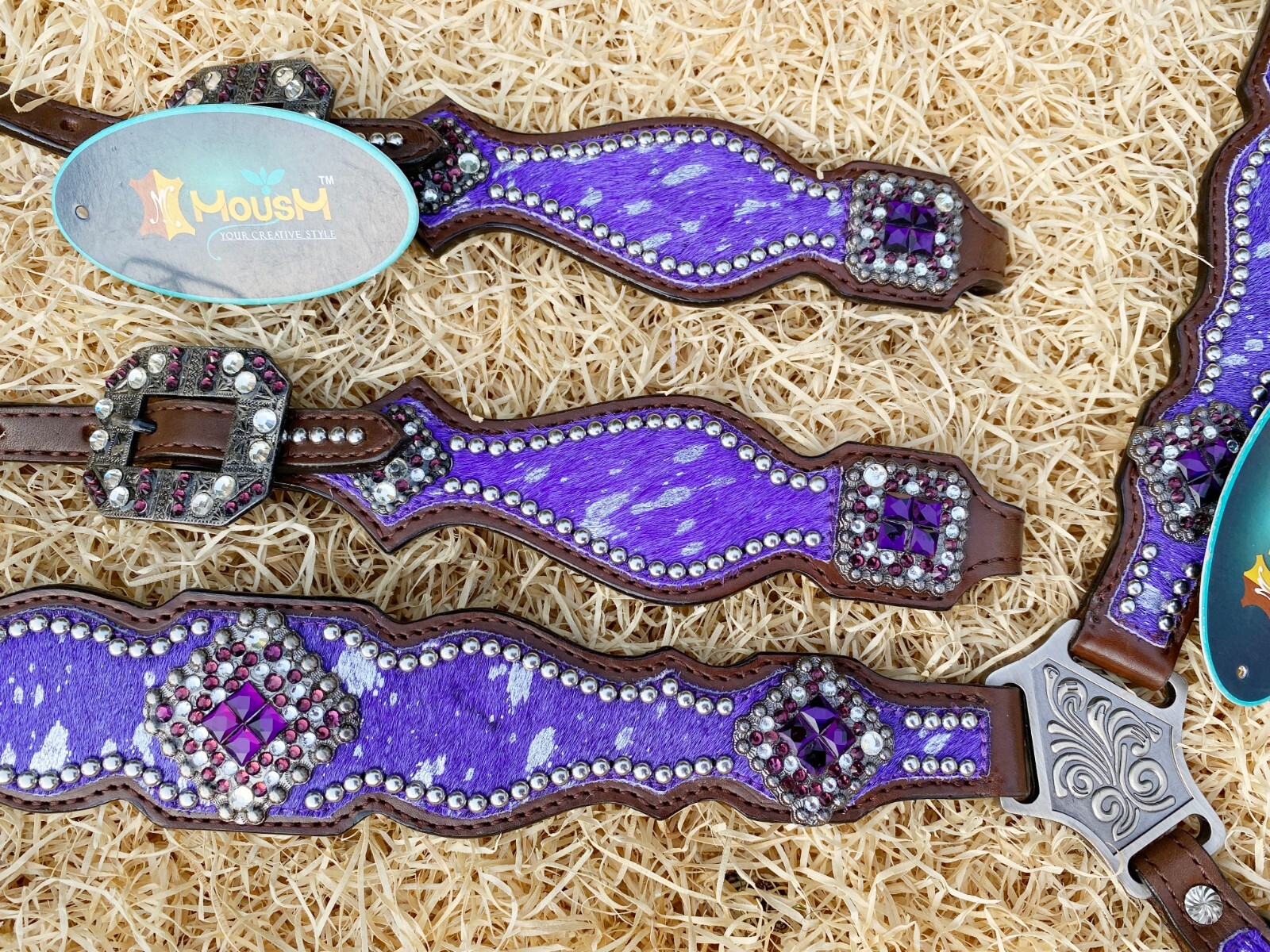MOUSM Western Leather Headstall and Breast Collar Tack Set for Horses - Purple