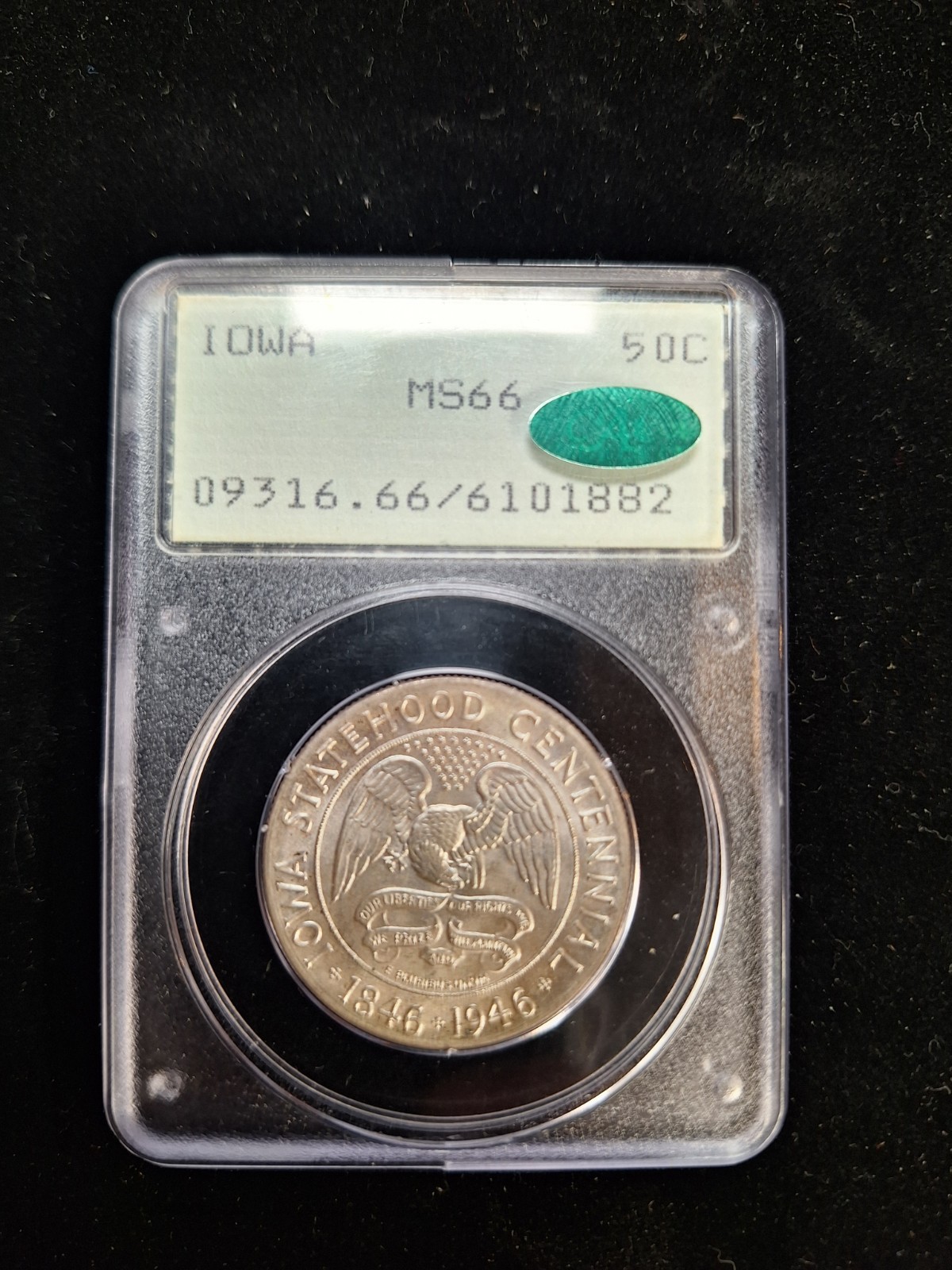 1946 50C PCGS MS66 CAC Rattler OGH Iowa Centennial Commemorative Half Dollar