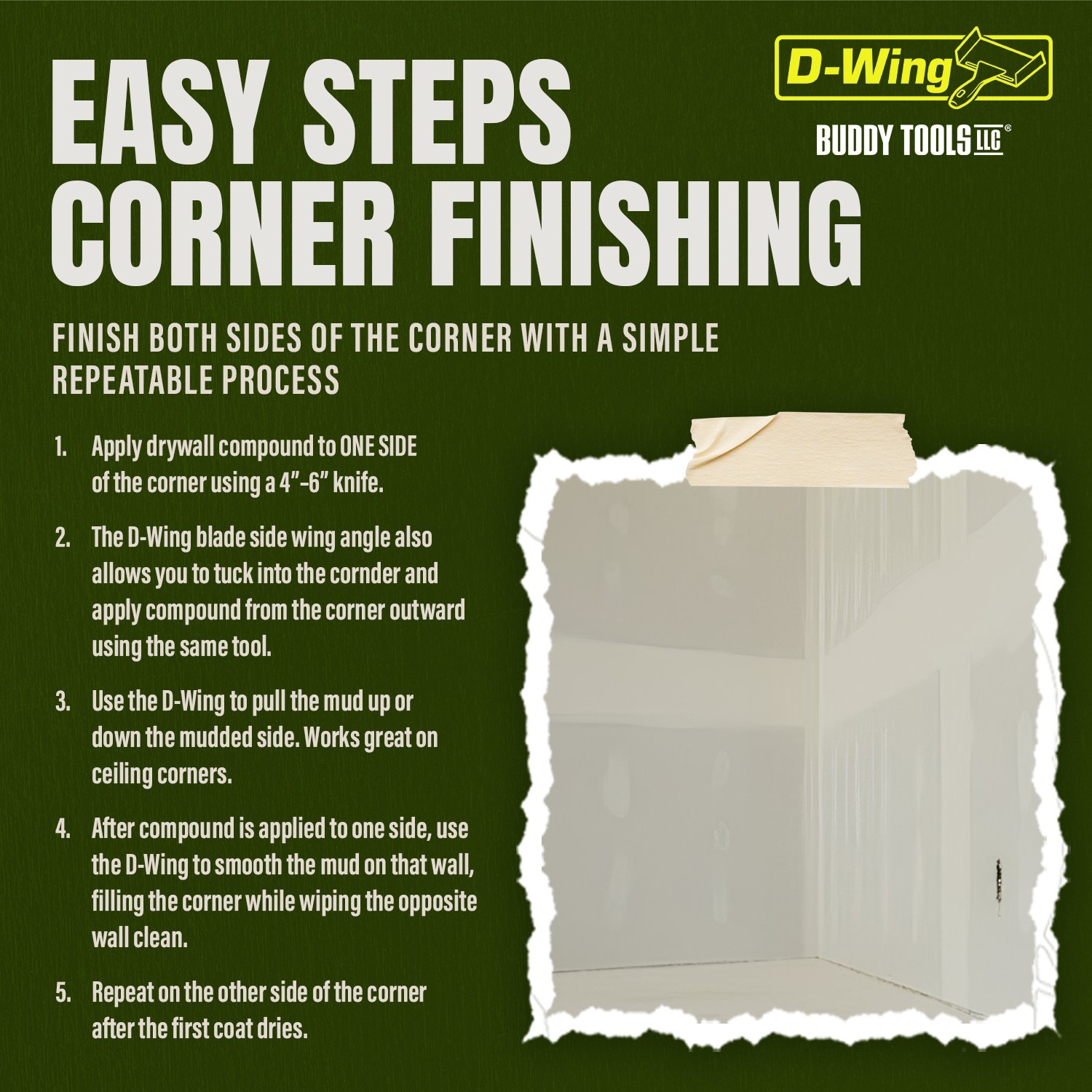 Buddy Tools D-Wing Corner Trowel – 7.5” Stainless Steel for Inside Corners - NEW