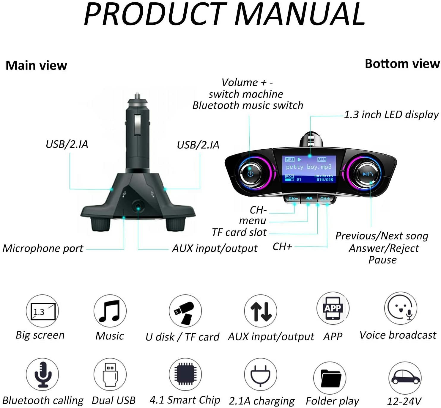 Bluetooth Car FM Transmitter MP3 Player Hands free Radio Adapter Kit USB Charger