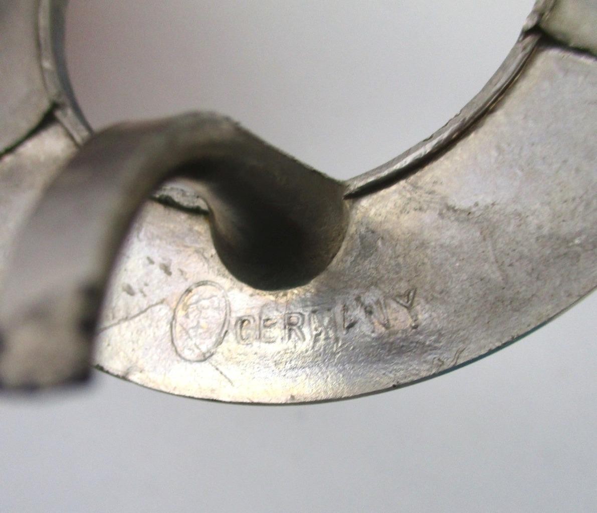 Sapphire BLUE Ribbed Swirl pressed glass OPEN SALT, Footed Metal STAND - GERMANY