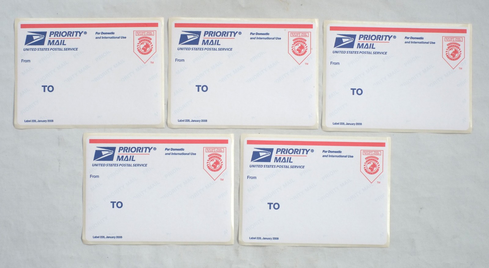 5 Vintage USPS Priority Mail Labels 288 January 2008
