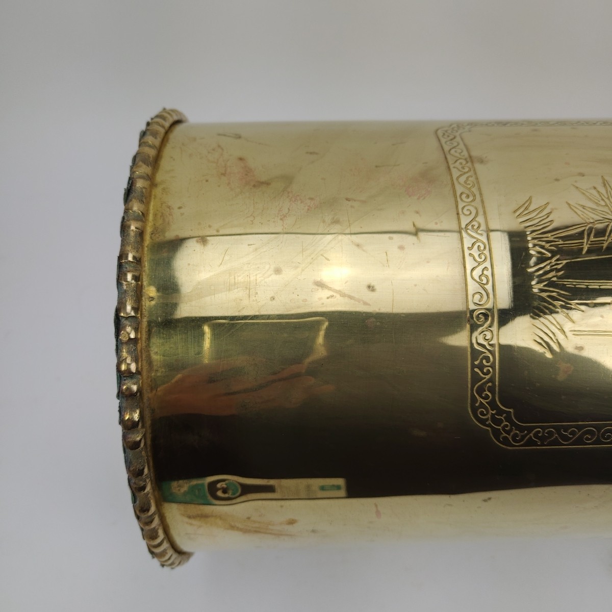 Vintage Brass Umbrella Cane Holder Stand 18" with Decorative Handles Asian Motif