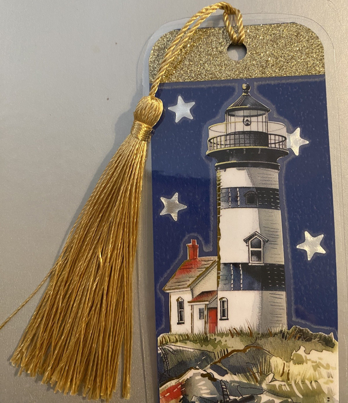 Lighthouse and Star Bookmark with Tassel - Laminated with Glitter Borders 6x2"