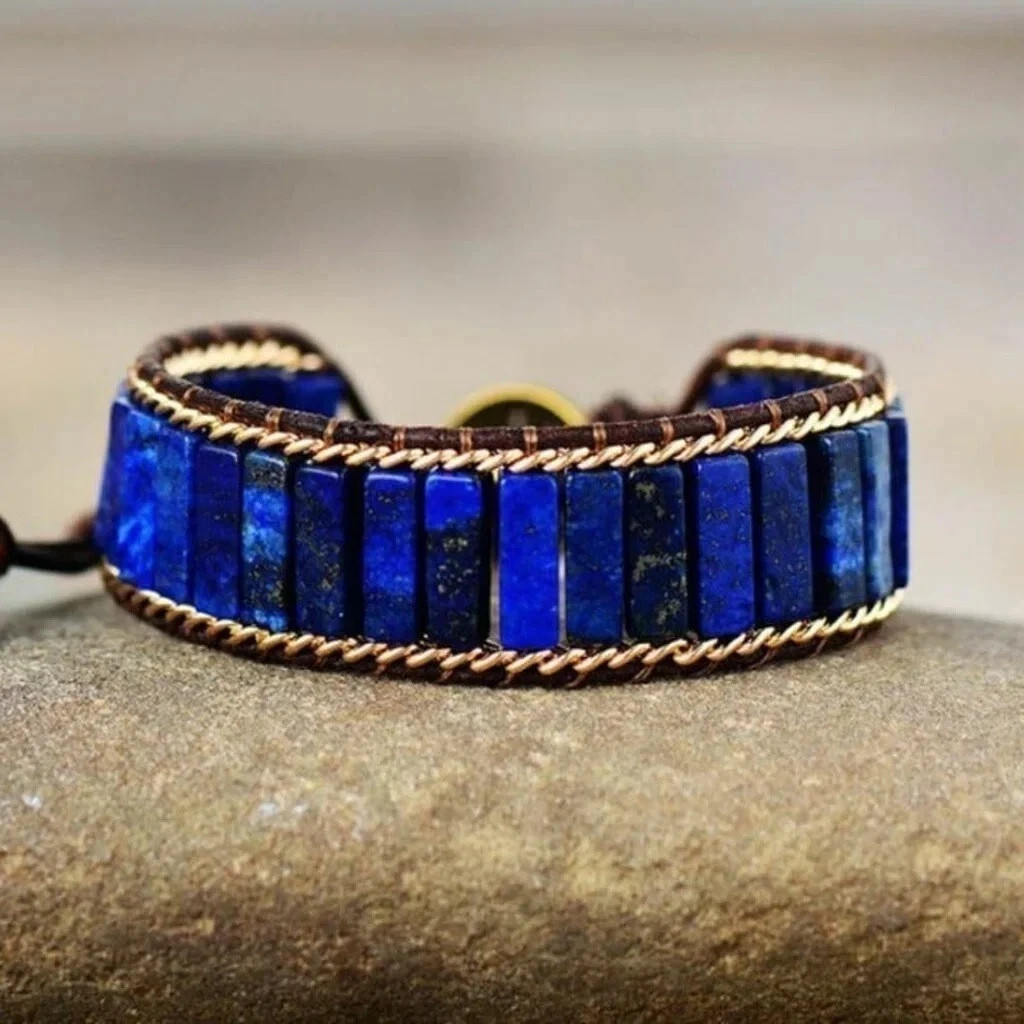 Natural Lapis Lazuli Tube Beads Leather Bracelet for Women Men