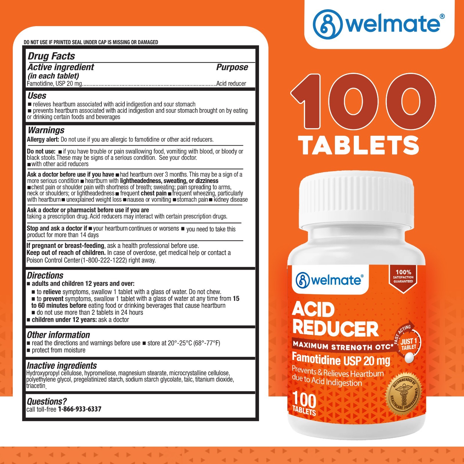 Famotidine 20 mg Tablets, 100 Count - Effective Acid Reducer for Relief