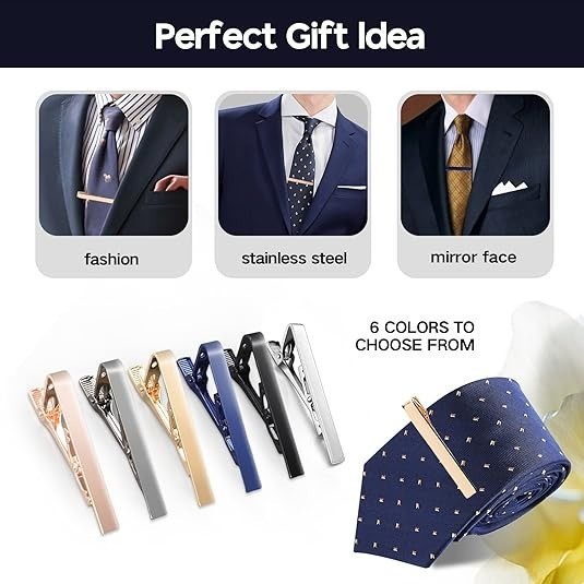 6 Pcs Tie Clips for Men, Classic Colors Non-Slip Tie Bar for Wedding & Business