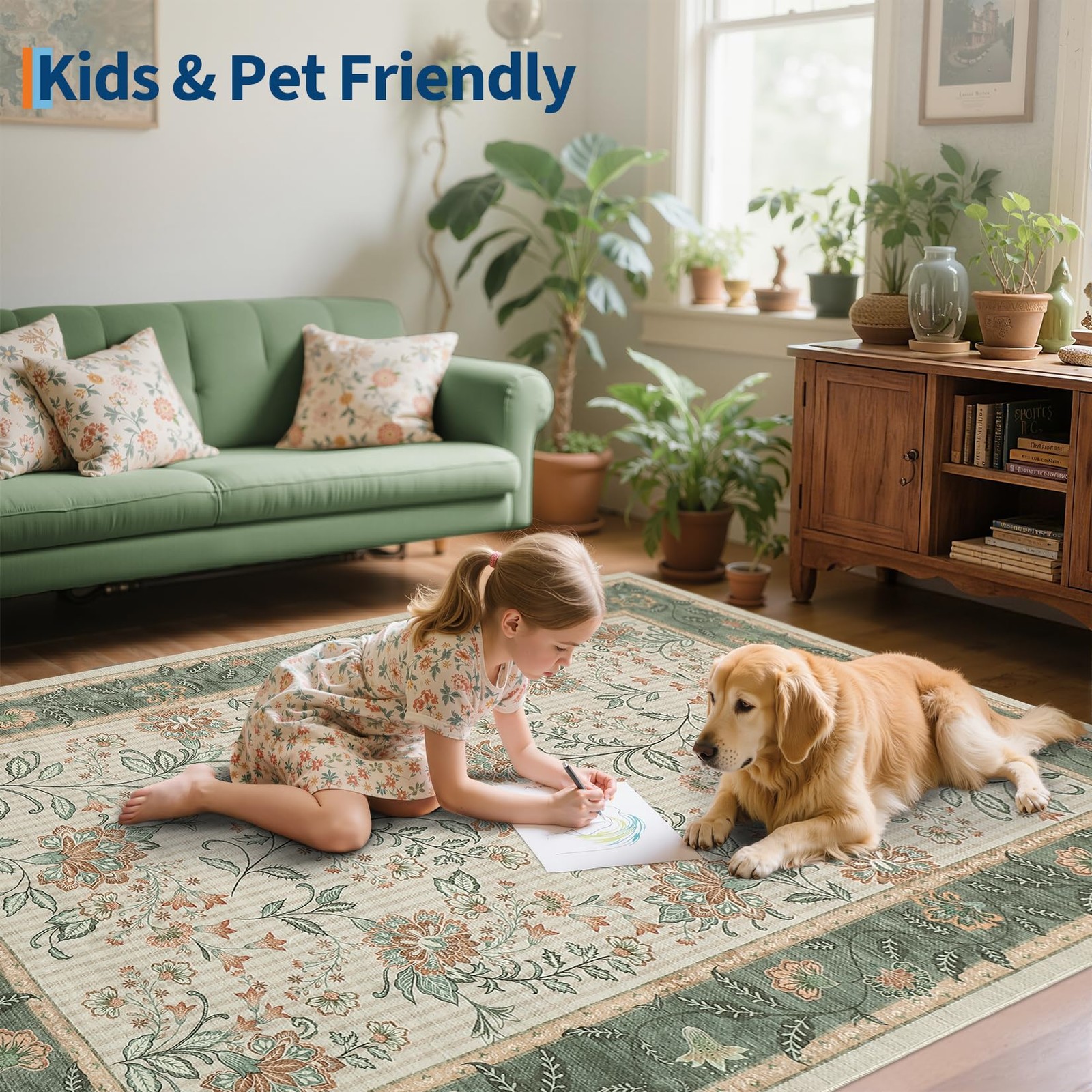 Area Rugs 8x10 for Living Room, Sage Green Large Washable Rug Botanical Soft ...