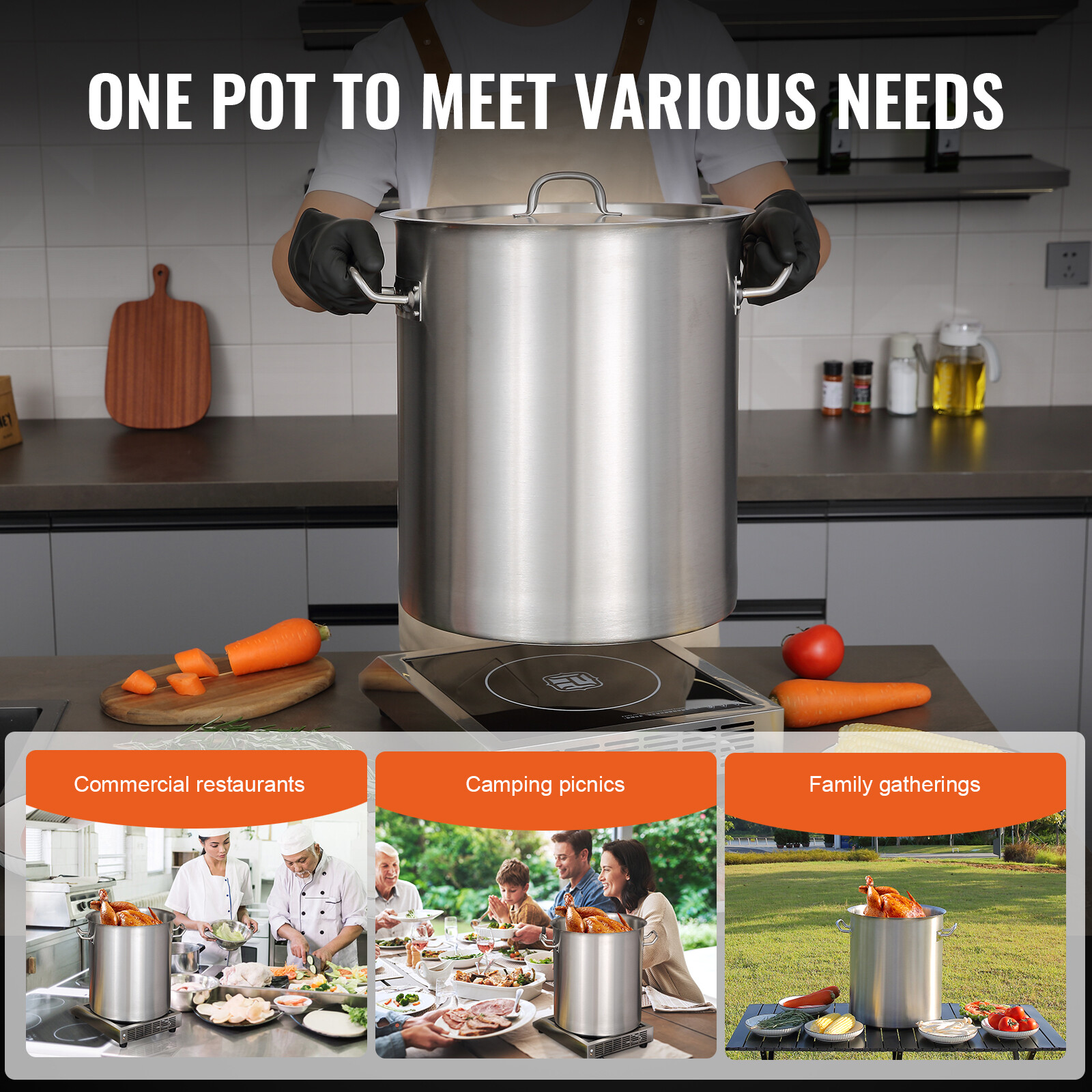 VEVOR 18/8 Stainless Steel Stock Pot 42 Qt Large Cooking Sauce Pot w/ Lid