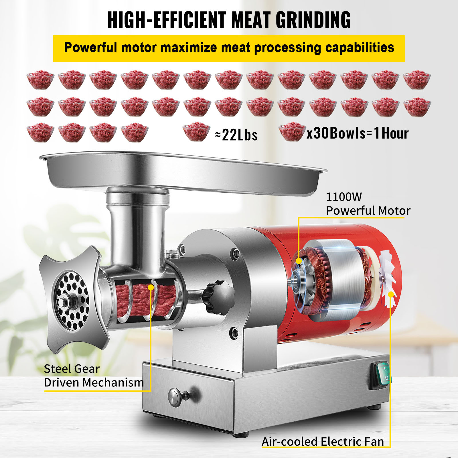 VEVOR Electric Meat Grinder Machine Electric Meat Mincer 661 Lbs/Hour 1100W Red