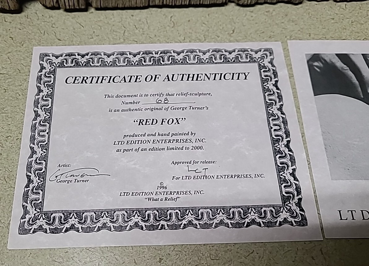 GEORGE TURNER 1996 LIMITED EDITION HAND PAINTED RELIEF SCULPTURE "RED FOX" ART