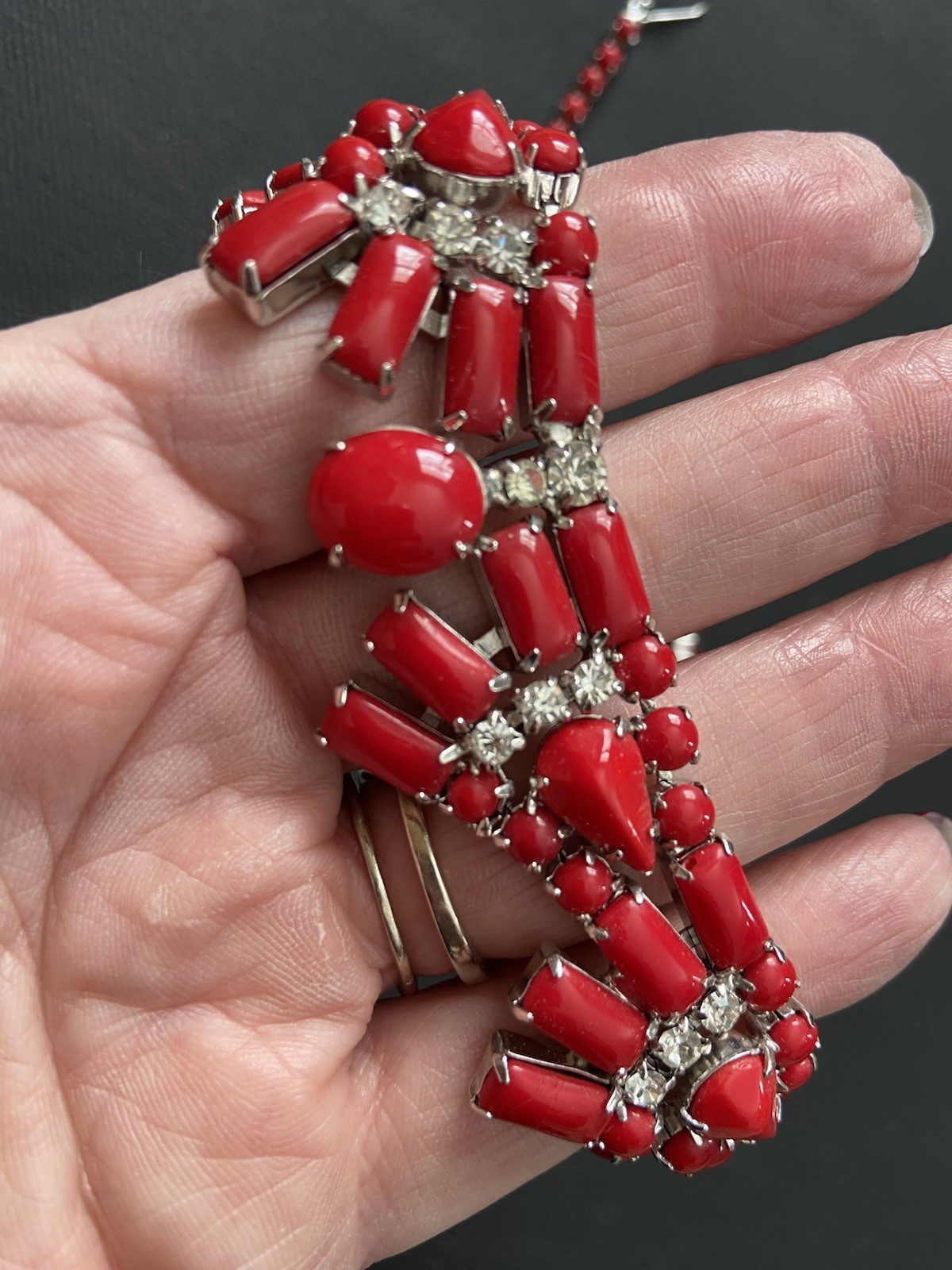 Vintage By Gale Demi Parure Deep Red Rhinestone Choker Bracelet Clip Earrings