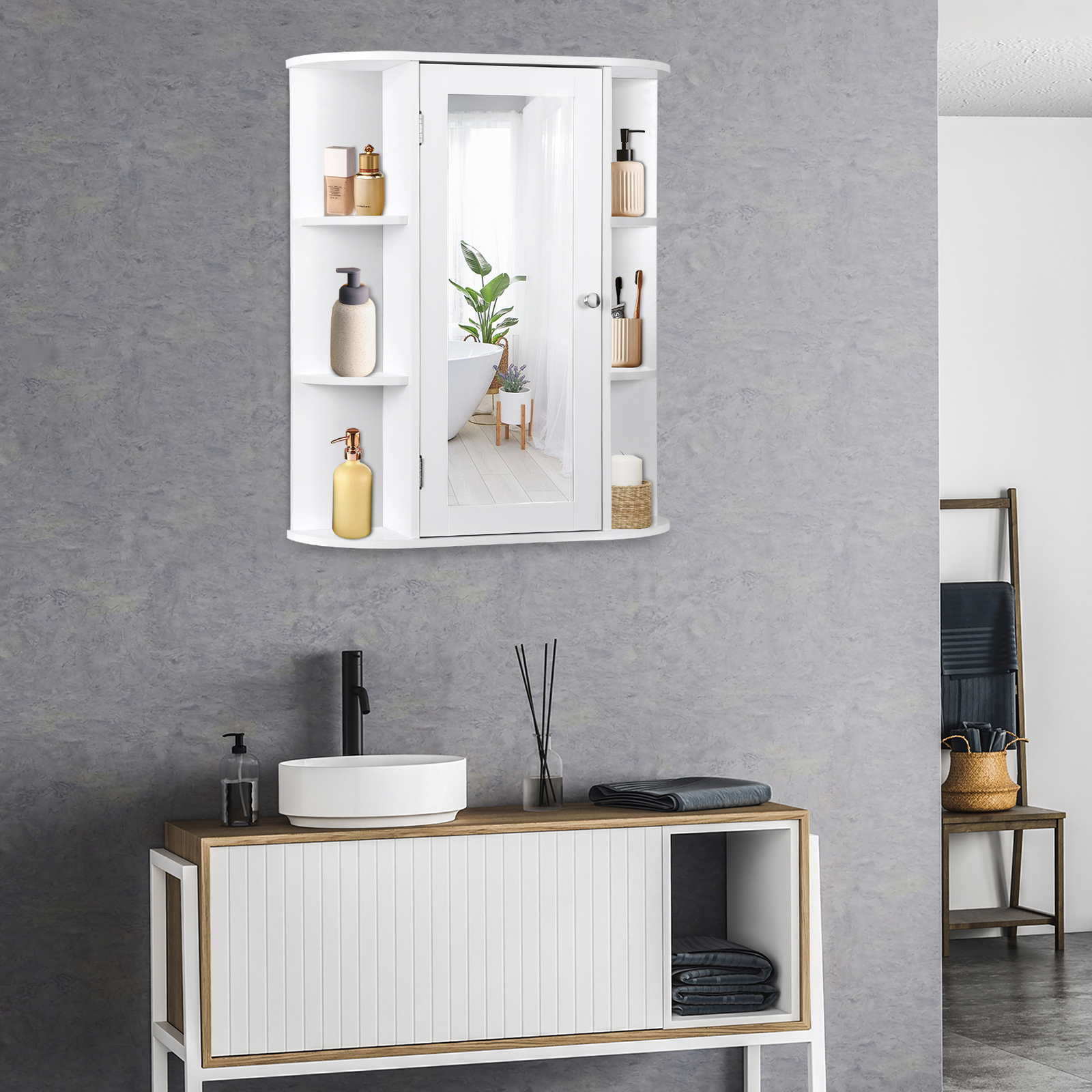 Bathroom Cabinet Single Door Wall Mount Medicine Cabinet with Mirror Shelf