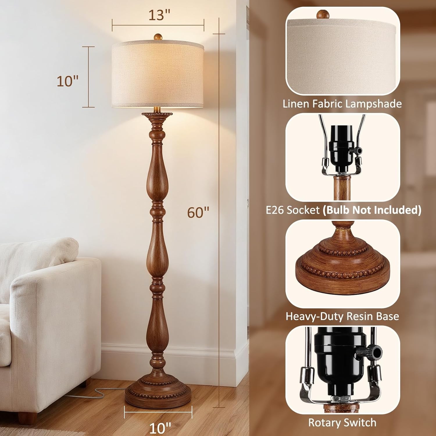 Rustic Vintage Floor Lamp for Living Room - Adjustable Standing Light