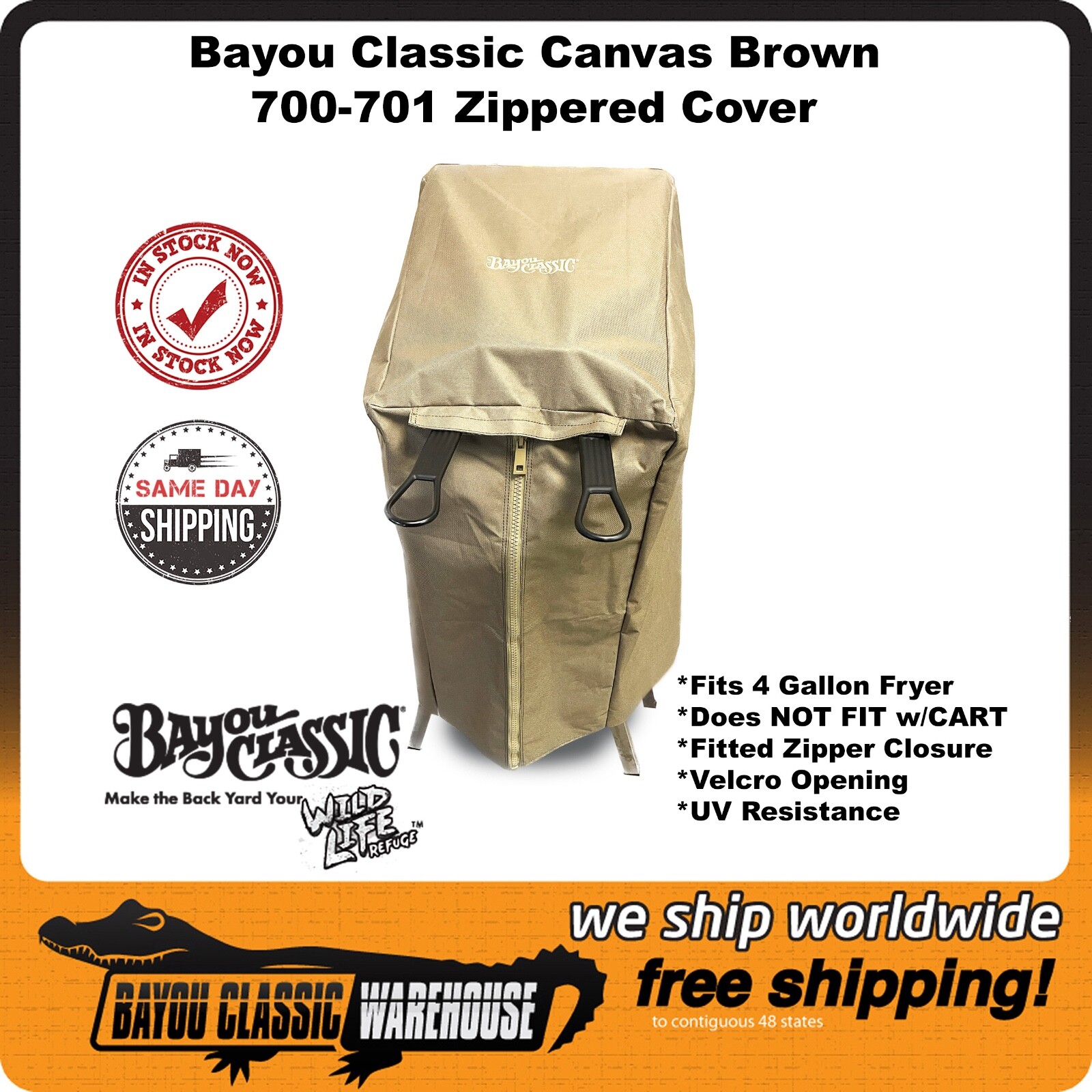 Bayou Classic 700-551 4 Gallon Full Length Canvas Brown Fryer Cover With Zipper