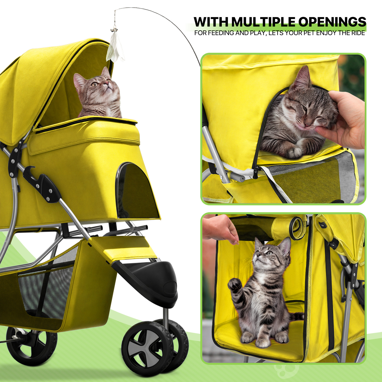 Yellow Foldable Dog Stroller Portable Pet Cat Carrier Cart w/Adjustable Sunshade