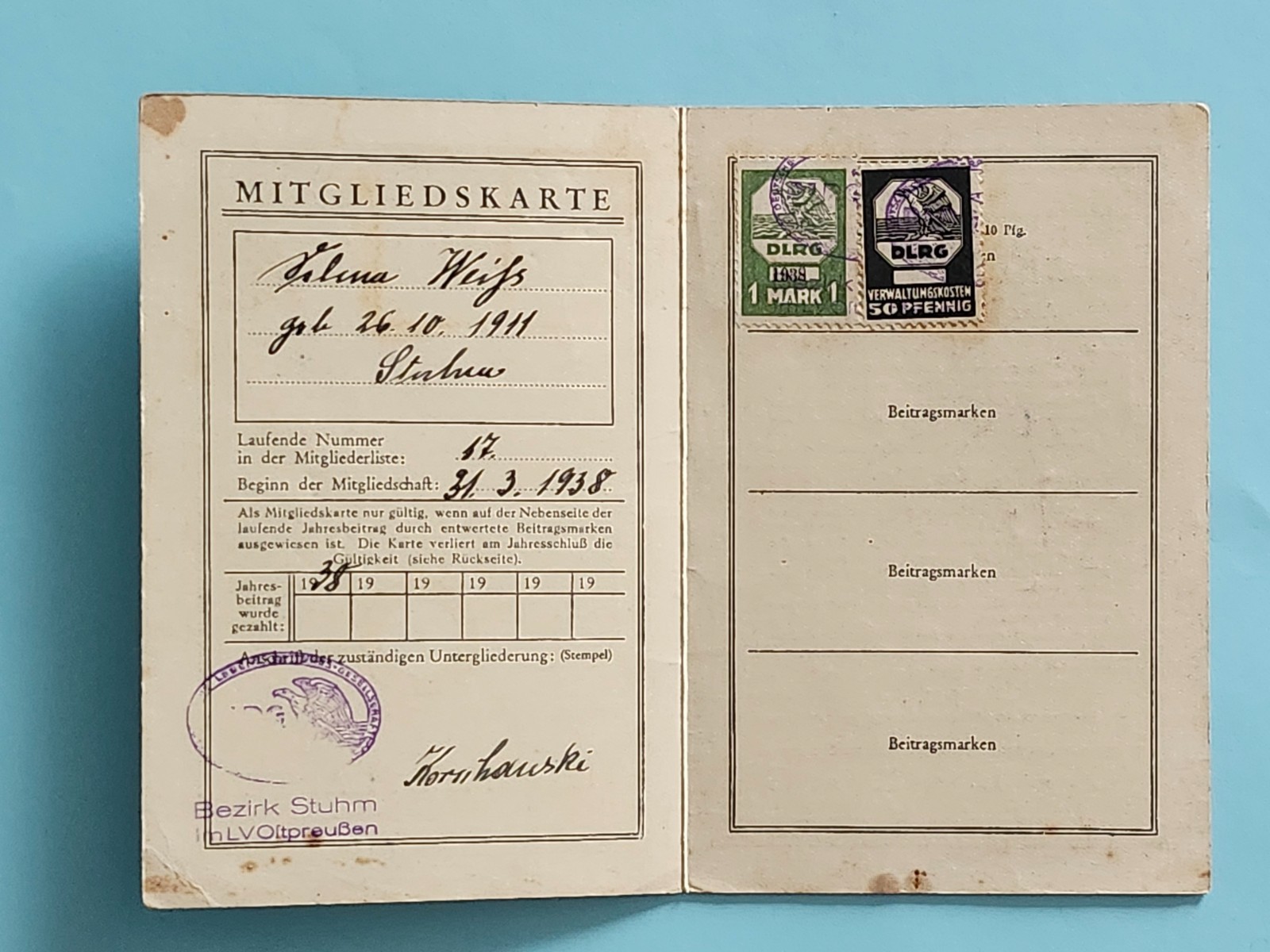 WW2 Germany.  Mitgliedskarte DLRG (1938)